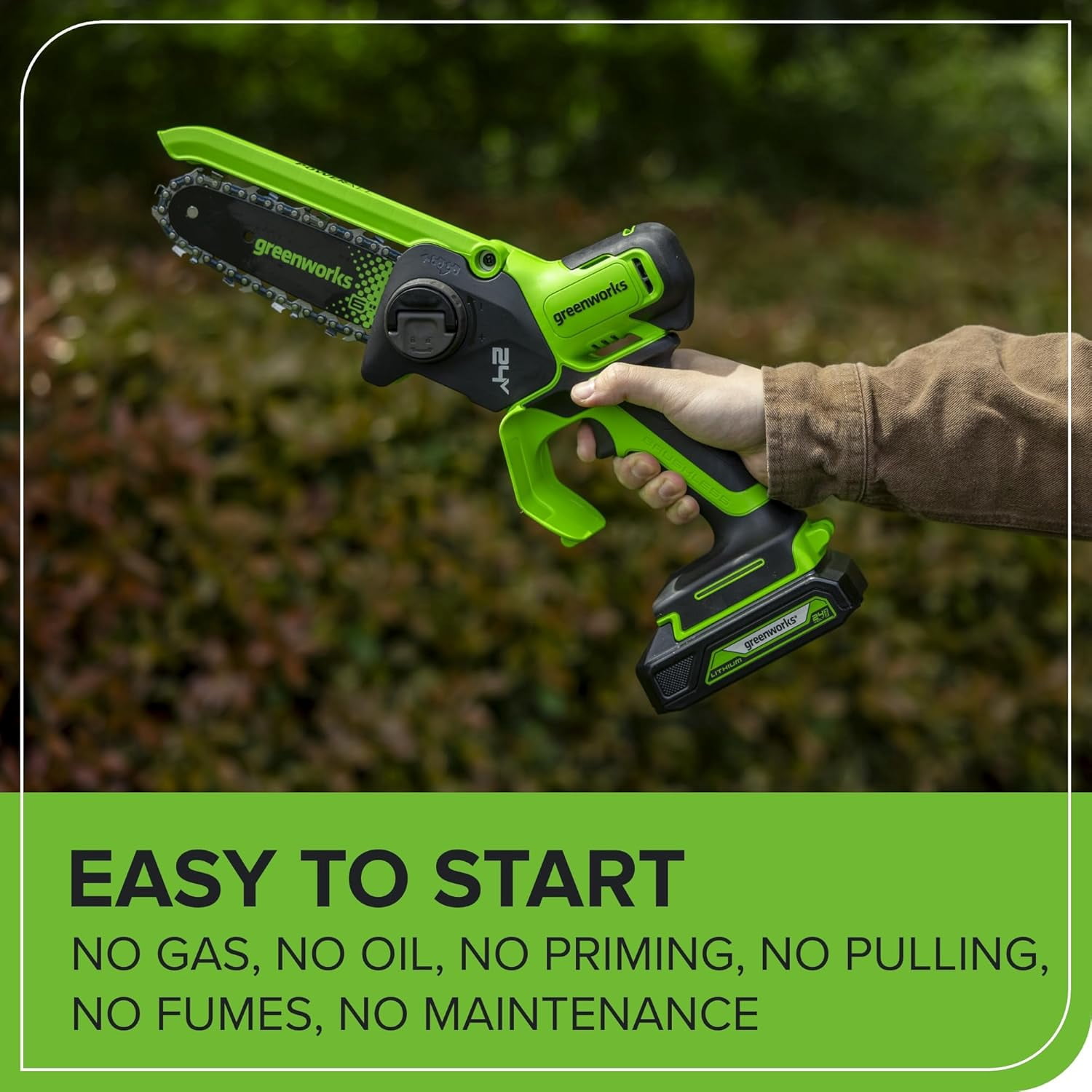 Greenworks 24V 6in Brushless Pruning Saw with Auto Oiler (Green, 2.0Ah Battery and Charger Kit) yeana