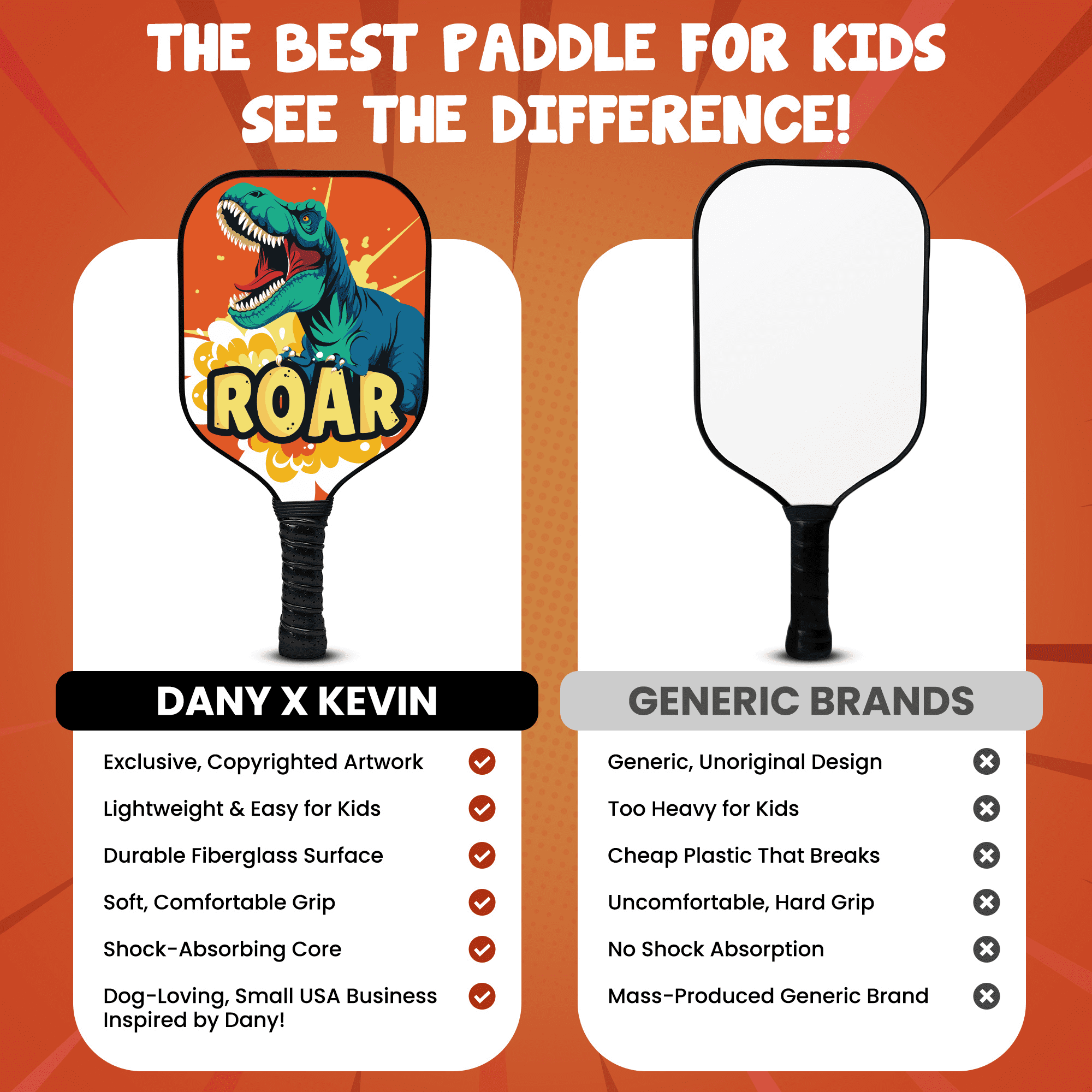 Dany x Kevin Kids Pickleball Paddle Fiberglass Lightweight Beginner Racket (Dinosaur, 0.37 lb) 3gc8u
