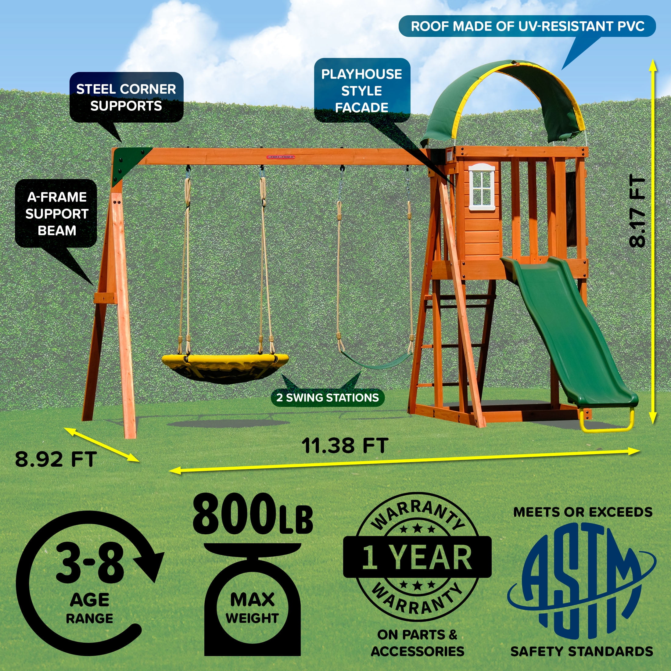Sportspower Amelia Wooden Swing Set with Saucer Swing, 6 ft Slide, and Play Fort (Multi-Color, One Size) 1ni6f