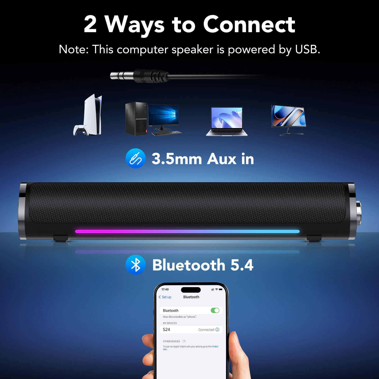 CASCHO Bluetooth Computer Speakers, PC Sound Bar with Deep Bass, USB Powered Desktop Monitor Speaker with RGB LED Lights (Black) ku738