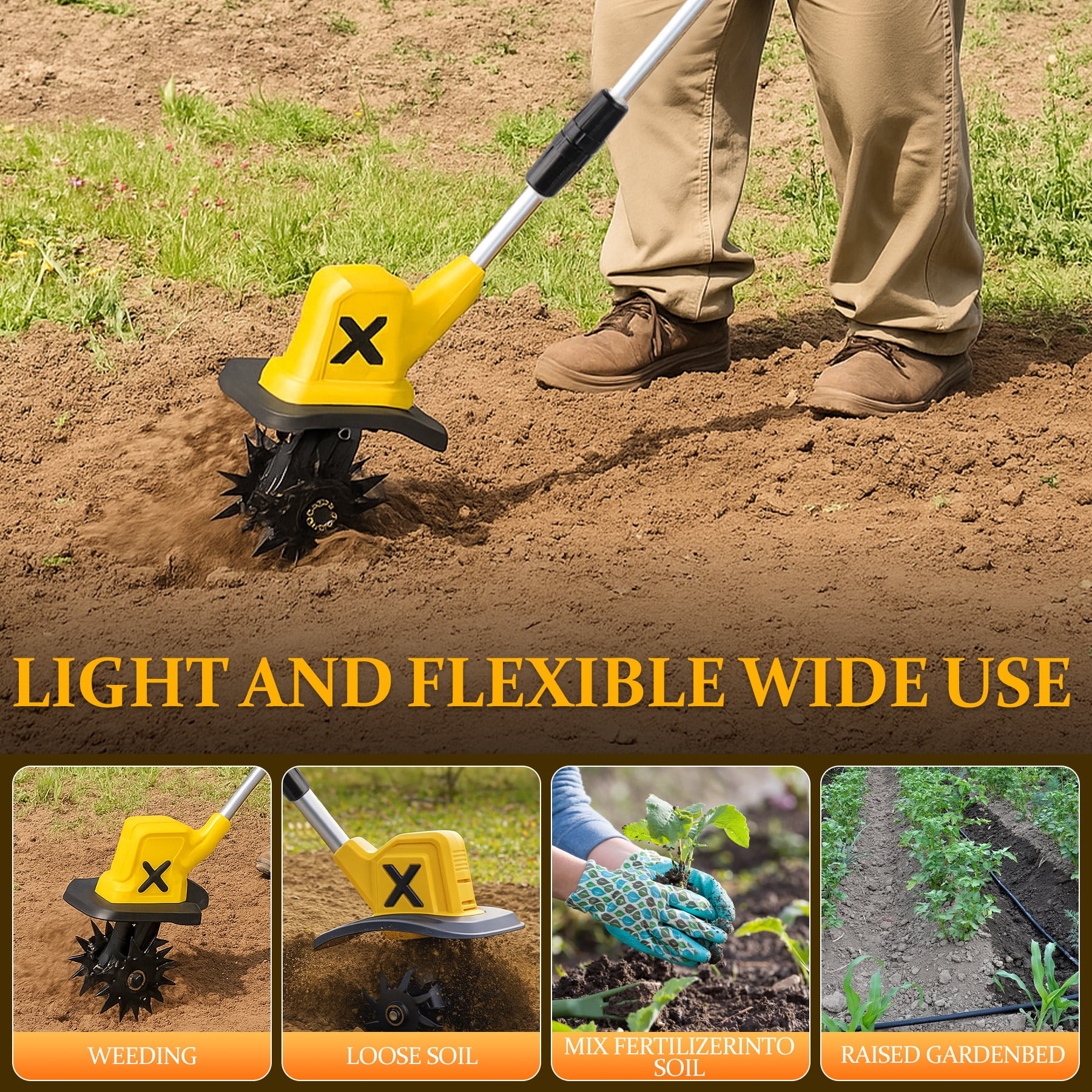 HUSGW Cordless Electric Tiller Cultivator, 21V Garden Rototiller with 2 Batteries & Charger (9 in Tilling Width, 6 in Depth) jd10g