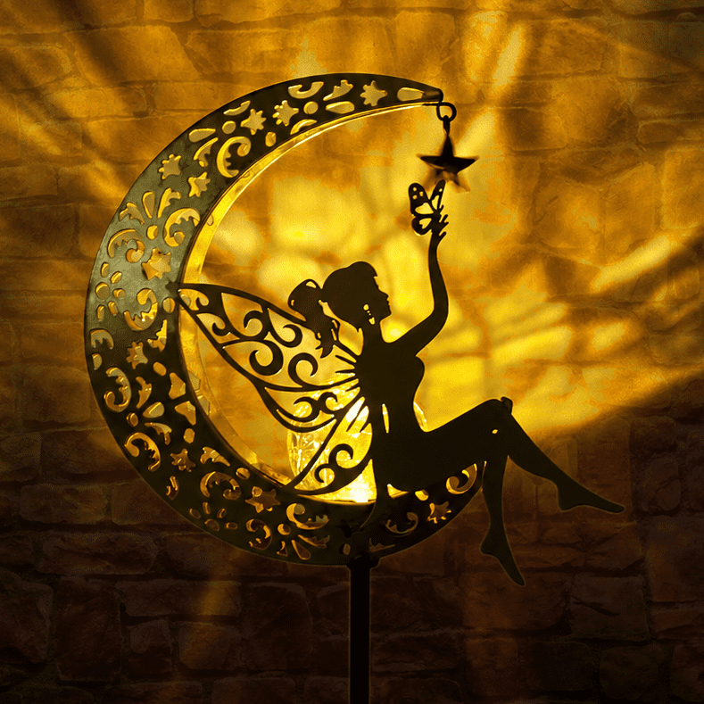 Mehoom Moon Fairy Solar Garden Lights, Decorative Outdoor Pathway Lighting (Gold, 32 in) nv92e