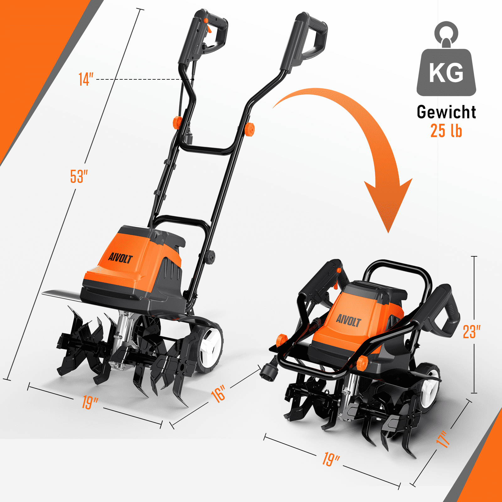 AIVOLT 15 Amp Electric Garden Tiller and Cultivator with Adjustable Wheels (19 in) 94fkx