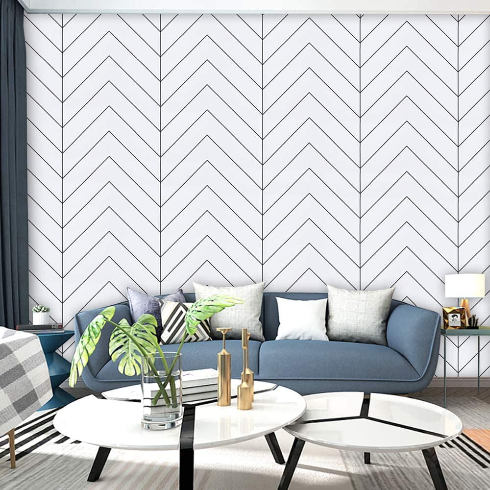 Haokhome Geometric Herringbone Peel and Stick Wallpaper Modern Trellis Self-Adhesive Contact Paper (Black and White, 17.7 in x 9.8 ft) 8ygyc