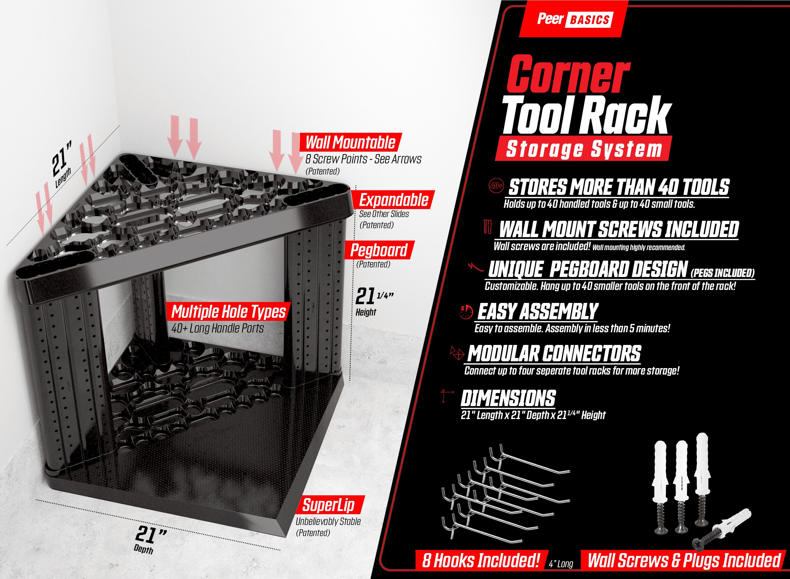 PeerBasics Garage Tool Organizer Rack with 40-Tool Storage Capacity (Black, 21 in x 21 in x 21.25 in) 4rasl