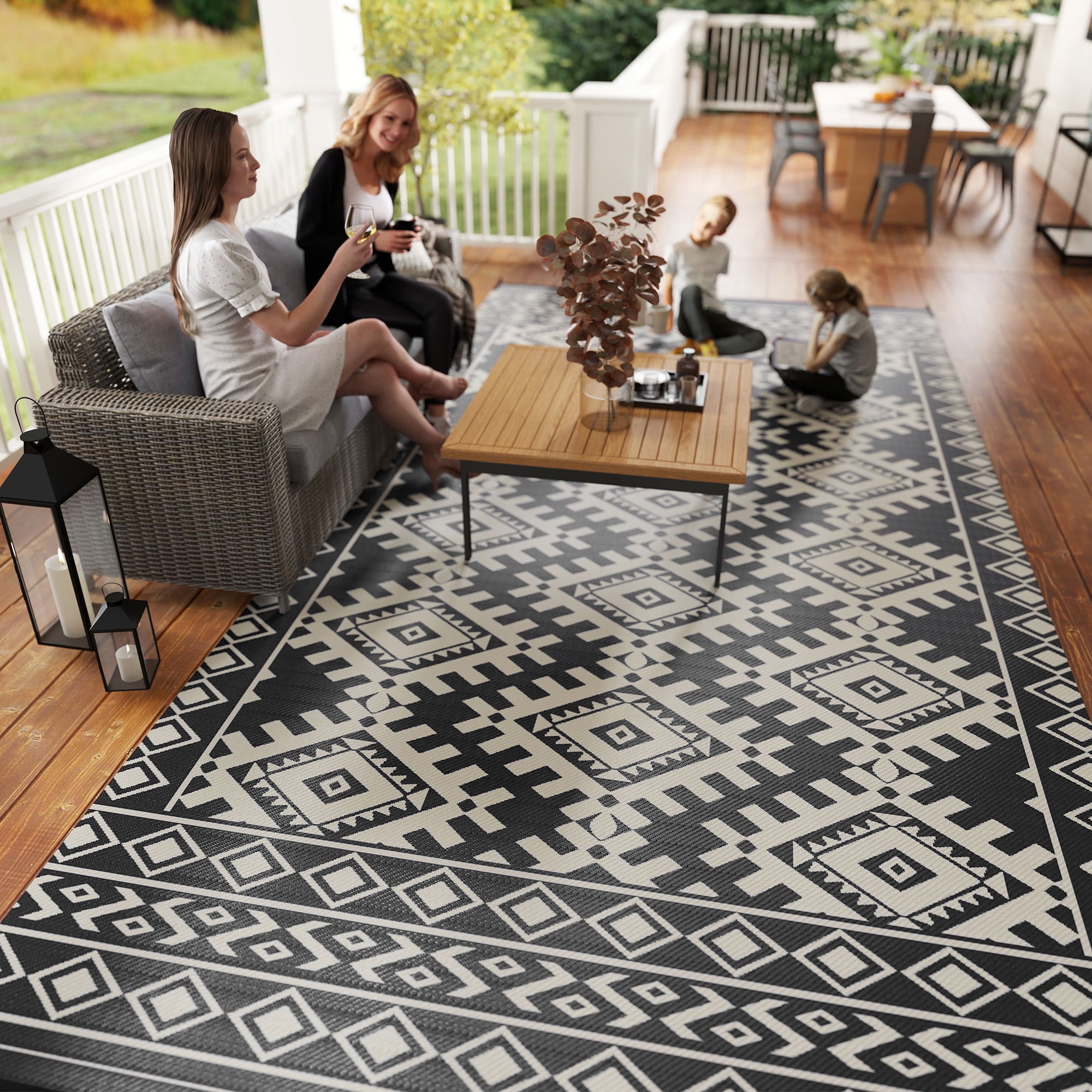 Outsunny Outdoor Patio Rug, Reversible Waterproof Camping Carpet for RV and Garden (Black & White, 9 ft x 18 ft) hr99e