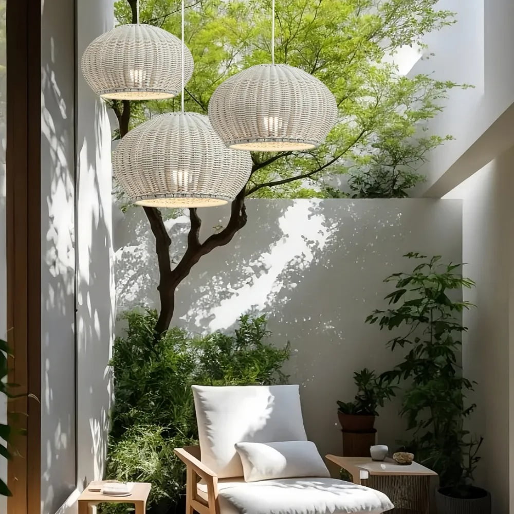 LittleGlovo Hand-woven Rattan Chandelier Waterproof Outdoor Hanging Light (Natural, 12 in) e5toj