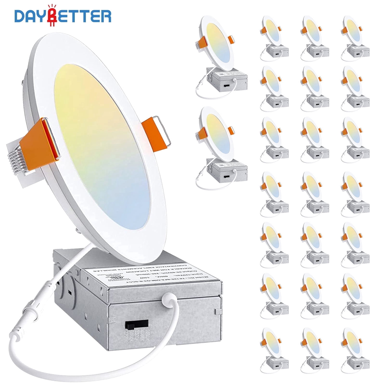 DAYBETTER LED Recessed Ceiling Light, 5CCT Selectable Ultra-Thin Downlight with Junction Box, Dimmable (White, 6 in, 24 Pack) n0vnc