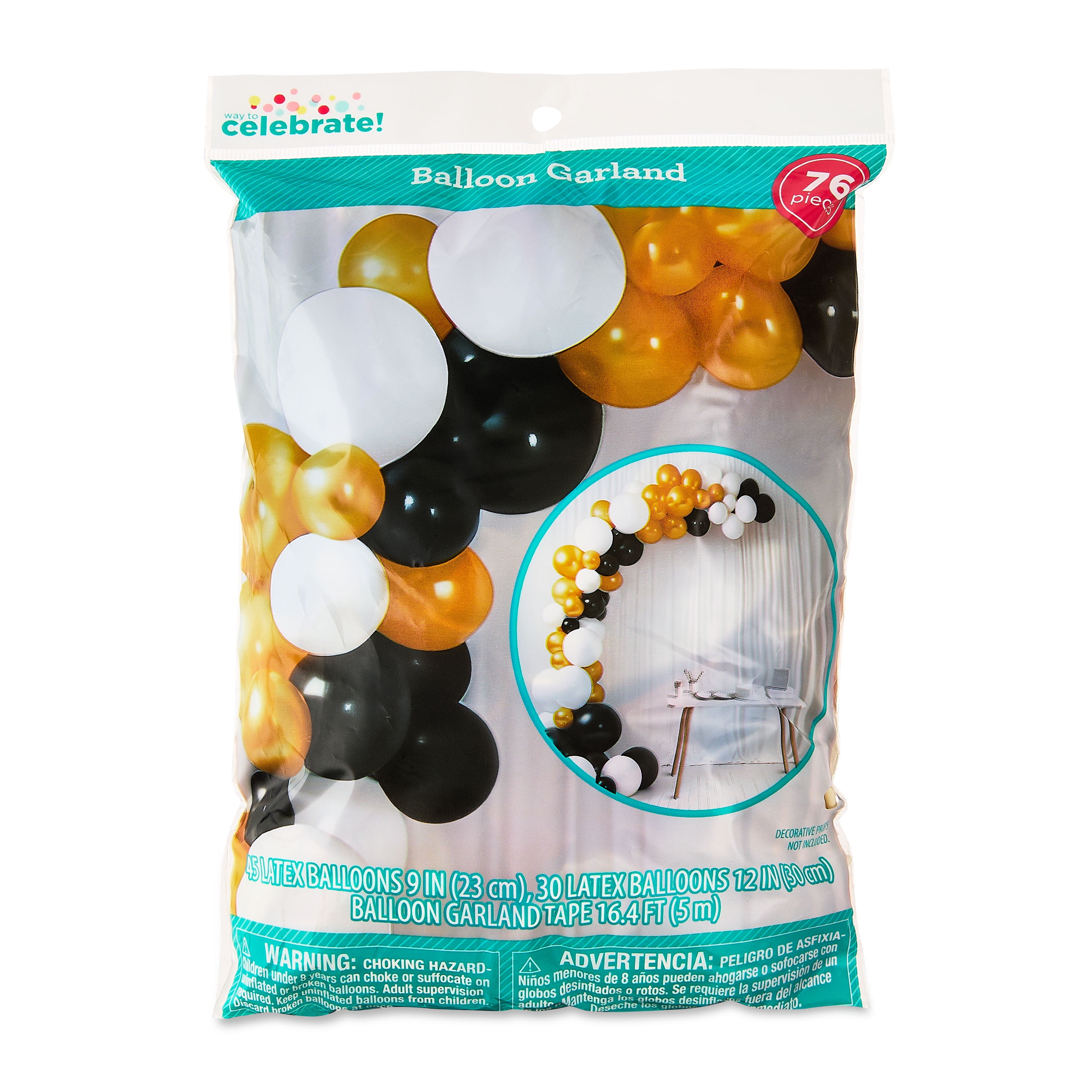 Way To Celebrate Balloon Garland Kit, Decorative Party Arch (Black/White/Gold, 76 Pieces) j6peg