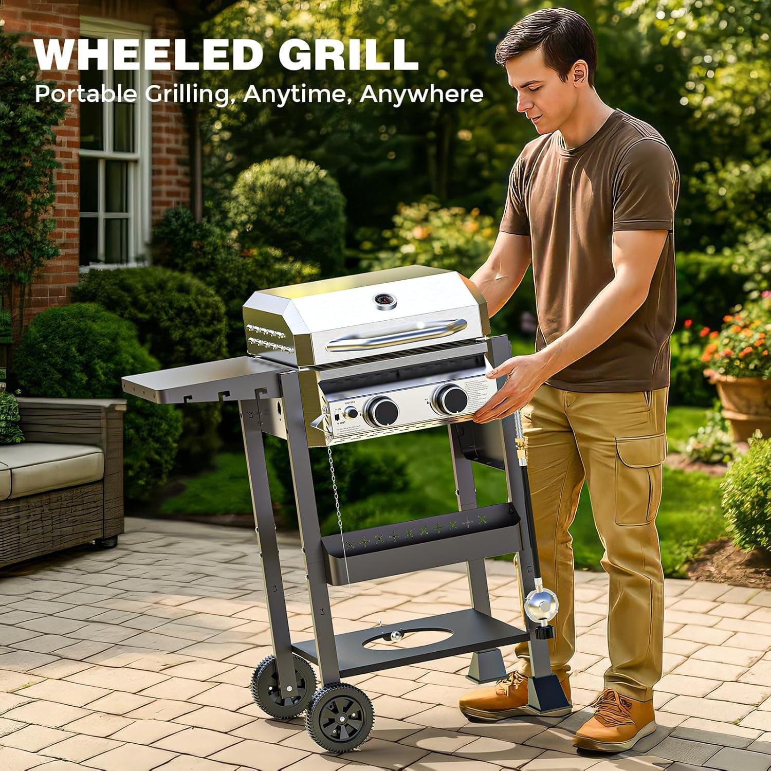 FREE VILLAGE 2-Burner Propane Gas Grill, Stainless Steel Outdoor BBQ with Side Shelves and Wheels (Silver, 257 sq in) p6os3