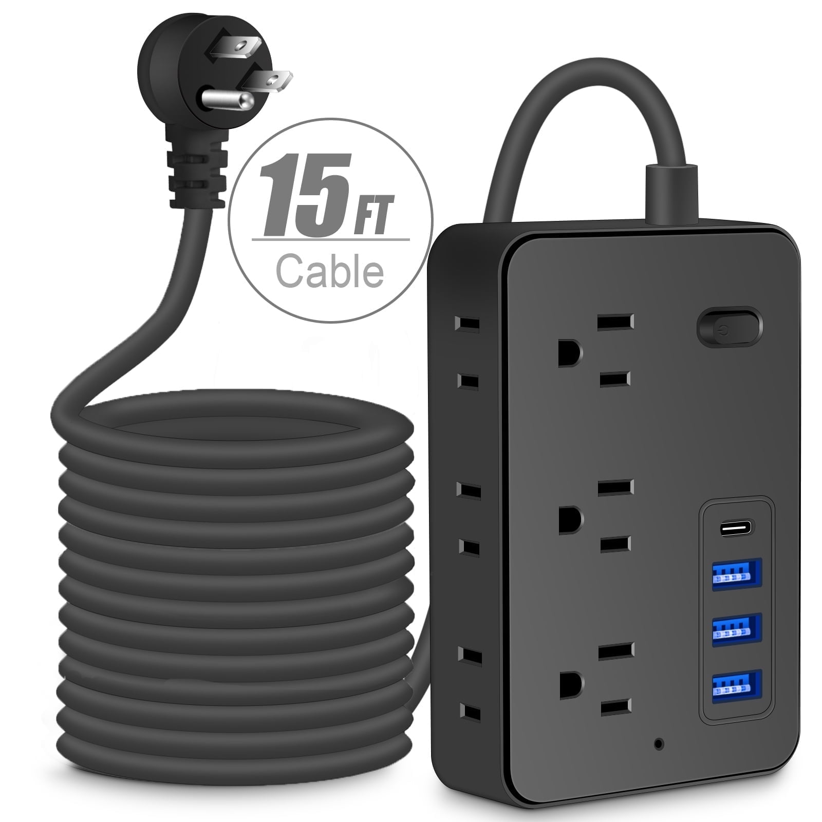 BOHASHIN Power Strip Extension Cord with 6 Outlets and 4 USB Charging Ports (Black, 15 ft) nkghq