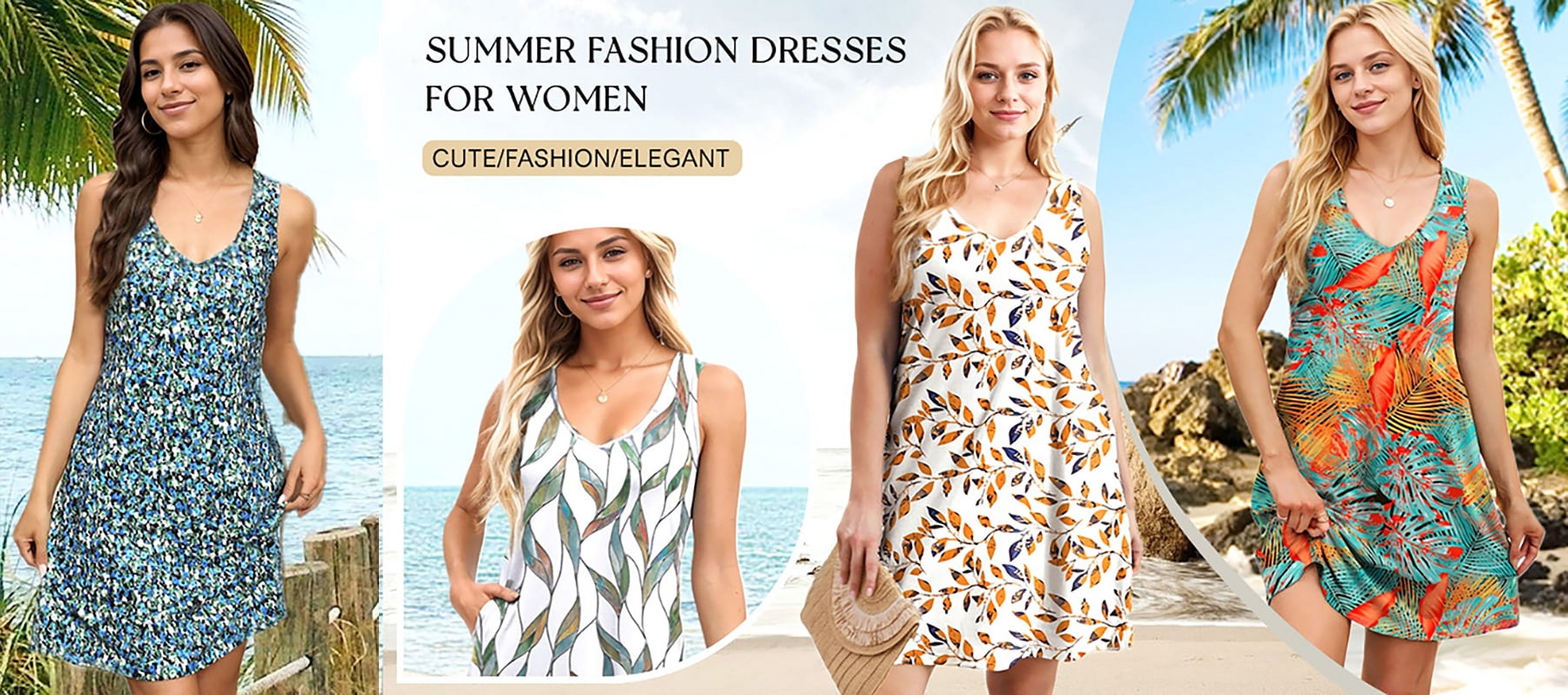 Fantaslook Women's Floral Summer Sundress Casual V-Neck Sleeveless Beach Mini Dress with Pockets (Blue, L) tmnc7