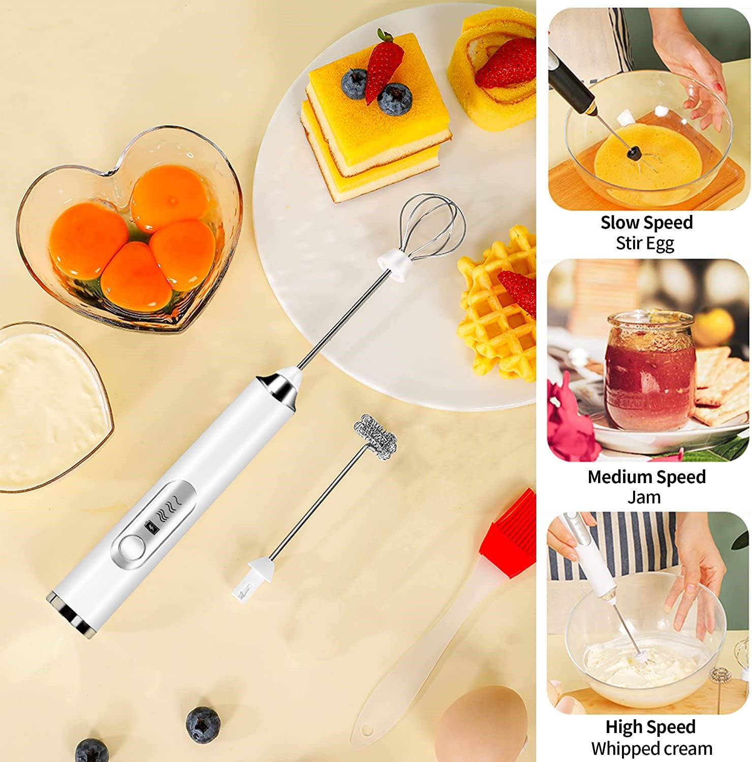 BN-LINK Handheld Milk Frother USB Rechargeable Electric Whisk Mixer with 2 Stainless Steel Heads (White, 9.25 in) s7kg7