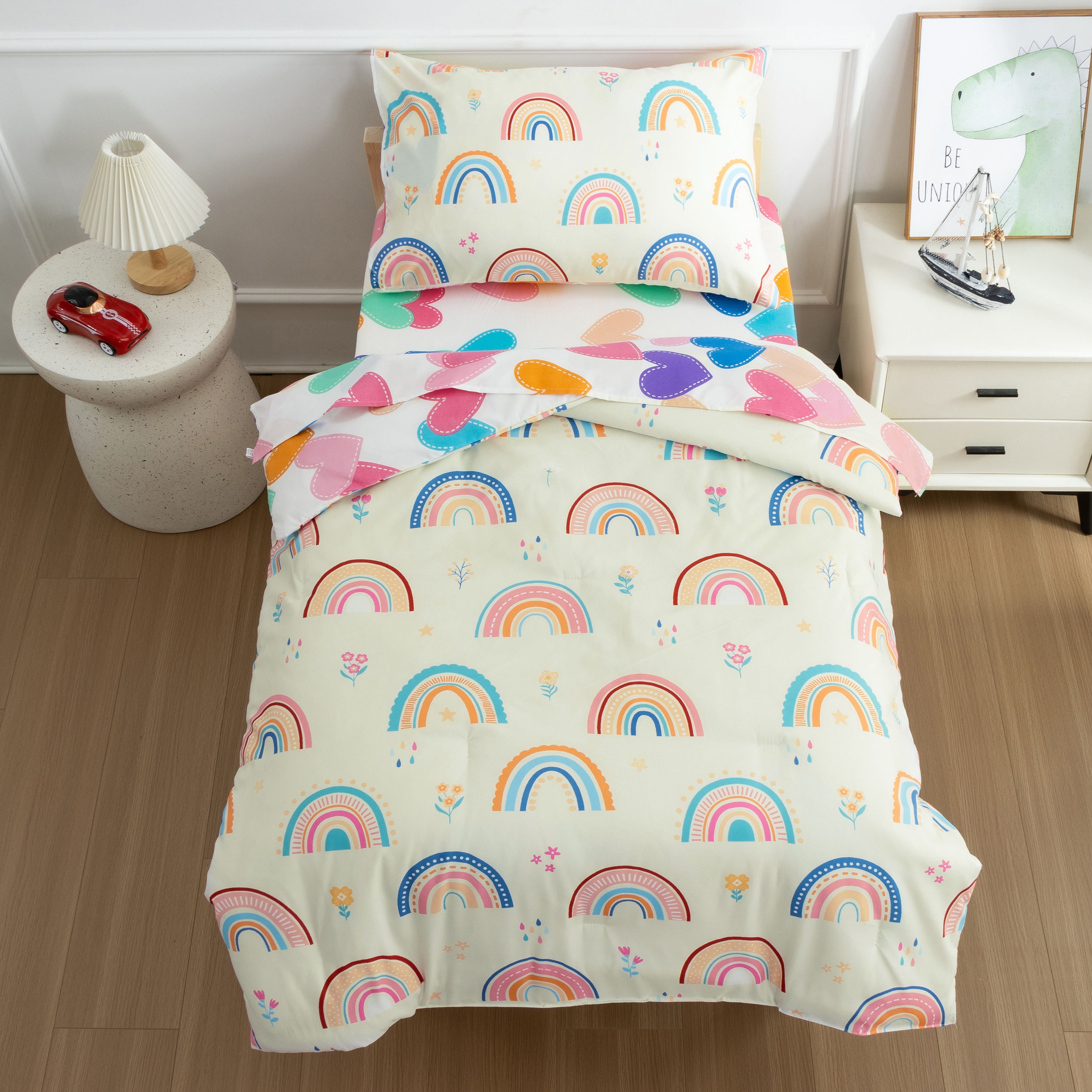 Btargot 4pc Rainbow Toddler Bedding Set, Soft Brushed Microfiber Comforter and Sheet Set (Multi-Color, Toddler Size) hp5qm