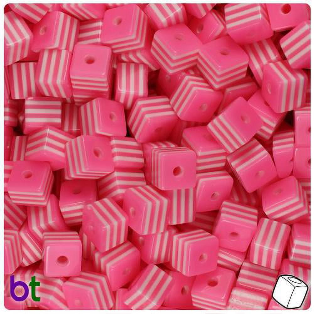 Beadtin Dark Pink & White Striped Cube Resin Beads (0.31 in, 100 Pack) 6nb41