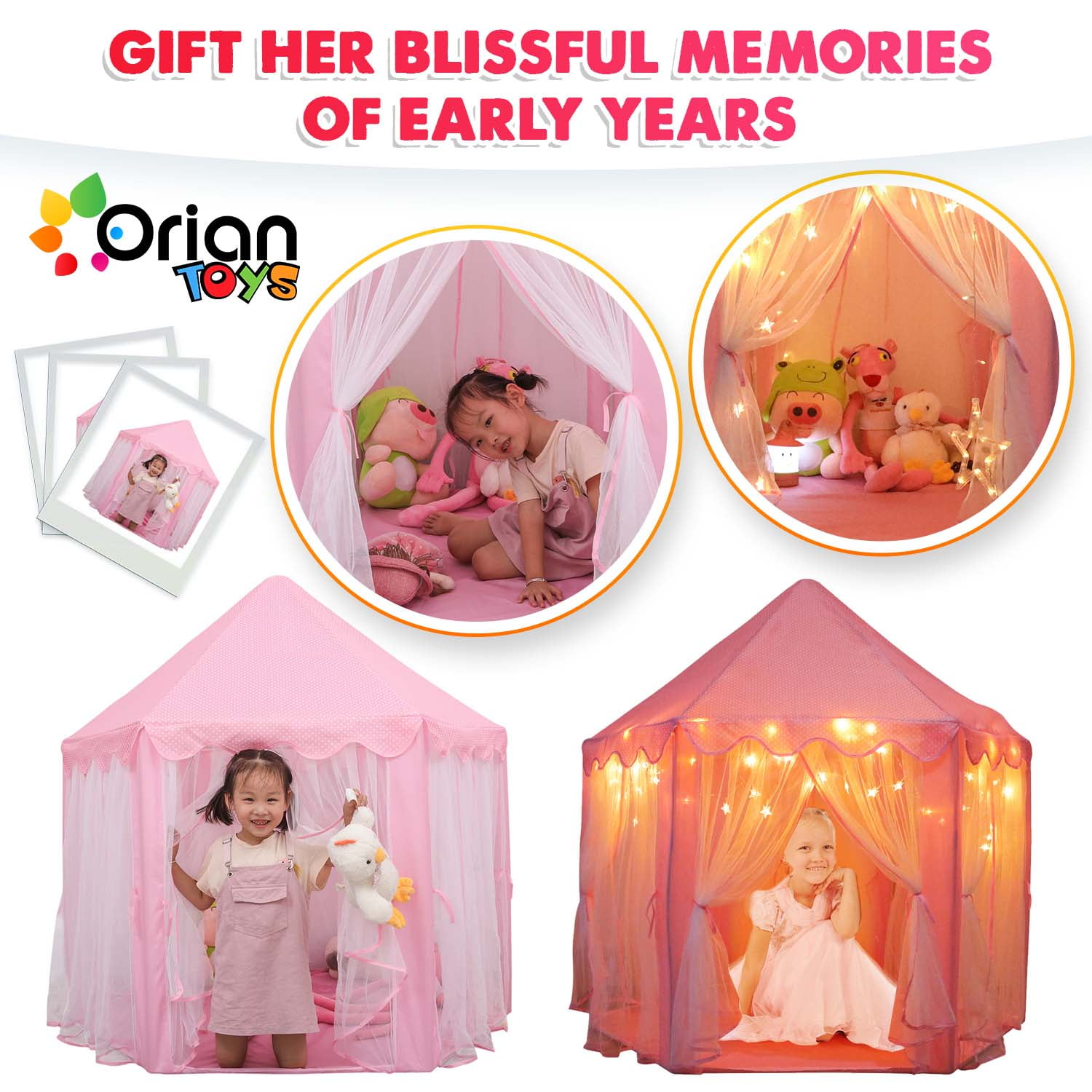 ORIAN TOYS Princess Castle Playhouse Tent with LED Star Lights, Indoor & Outdoor Kids Play Tent (Pink, 55 in x 53 in) qufwh