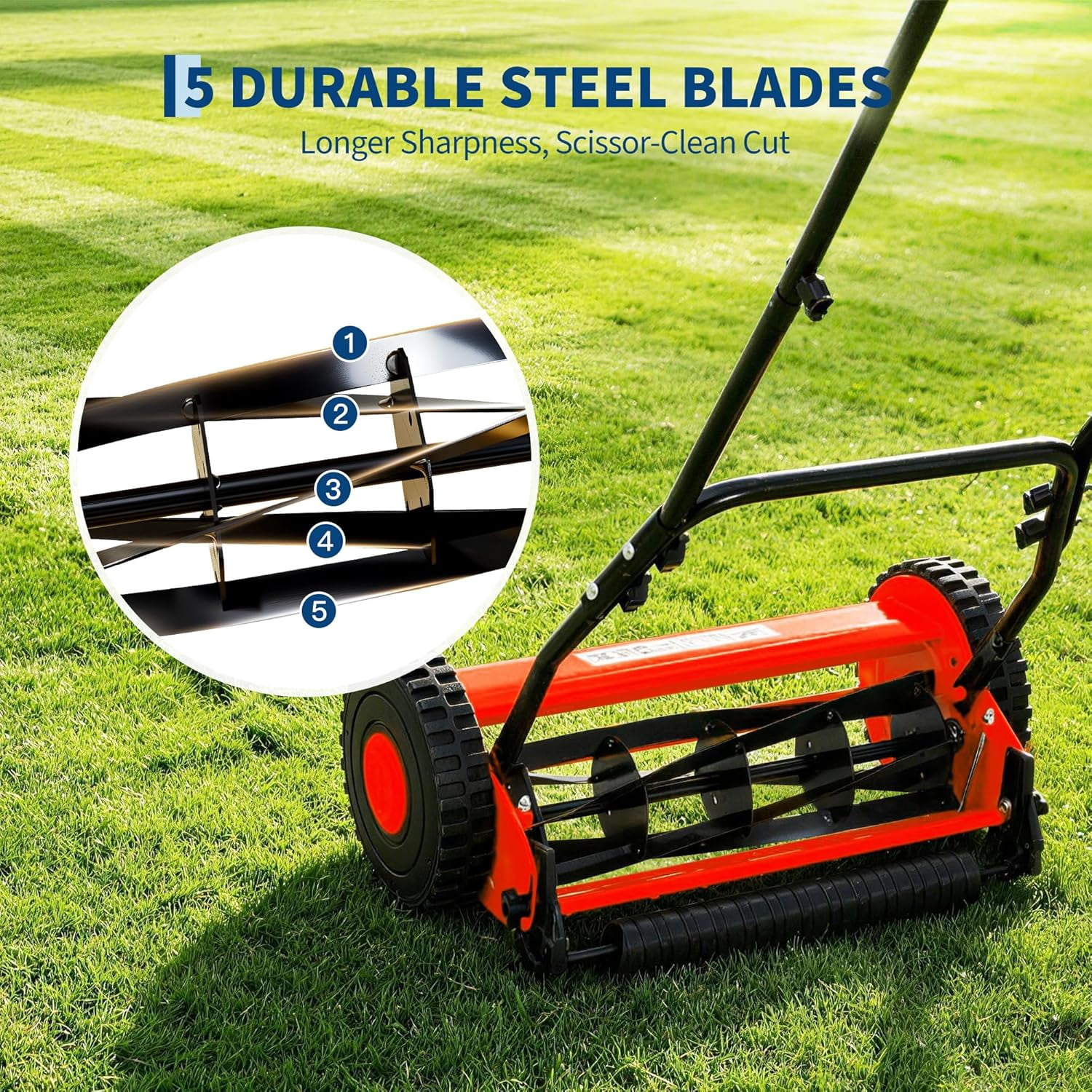Yartaka 14in Push Reel Lawn Mower, 5-Blade Manual Walk-Behind Mower for Small Yards (Red, 14in) nmy5p