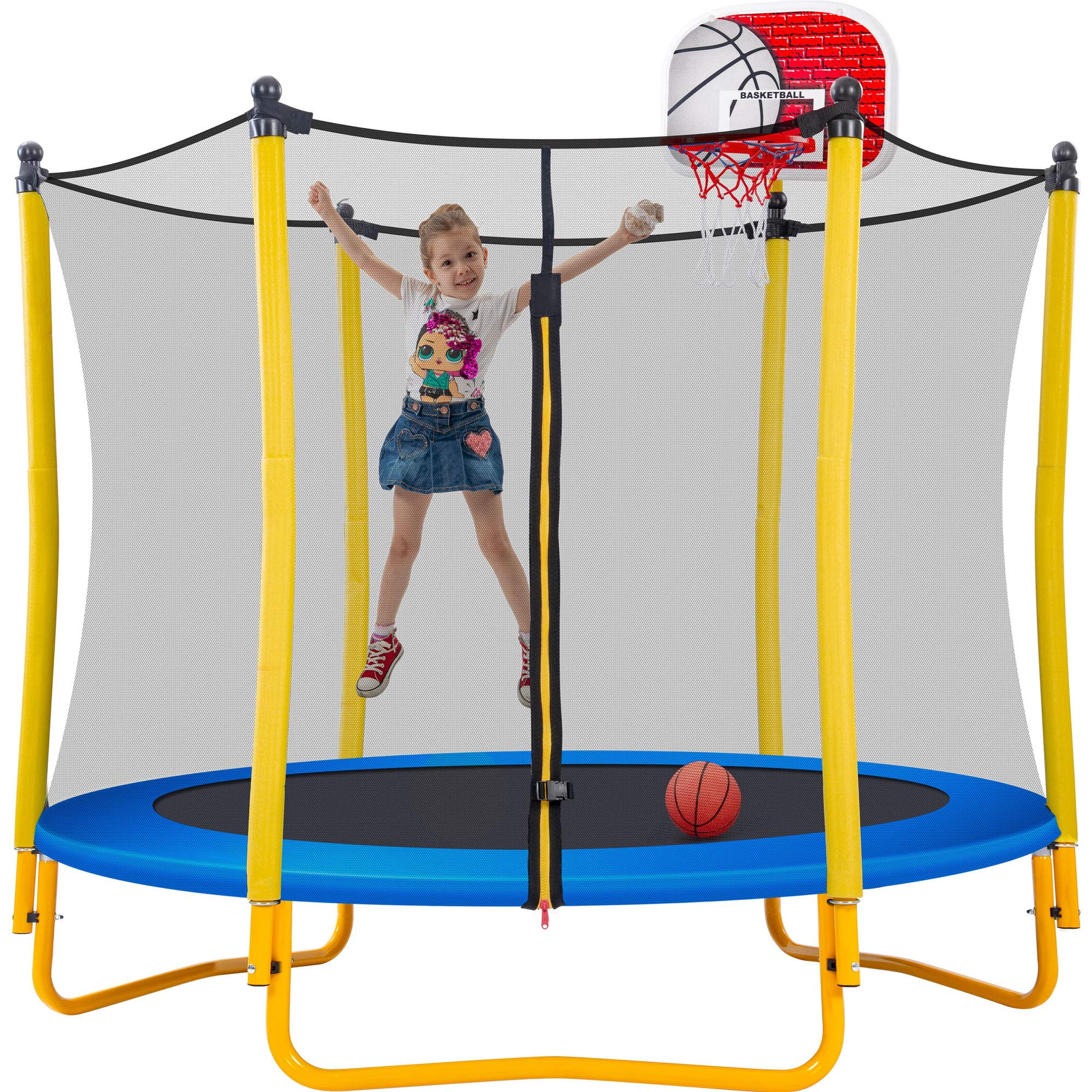 Leuco Kids Trampoline with Basketball Hoop and Safety Net (Yellow, 66 in) hsthk