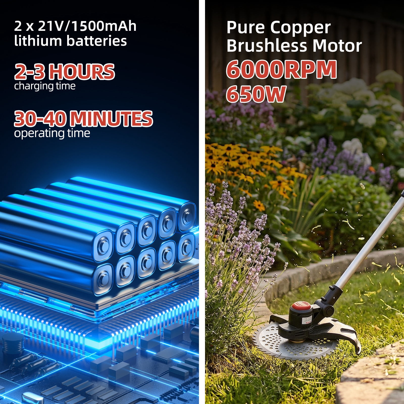 Paddsun Cordless Electric Weed Wacker, 21V Brushless Grass Trimmer & Edger with 2 Batteries (Red, 9 in) r85u8