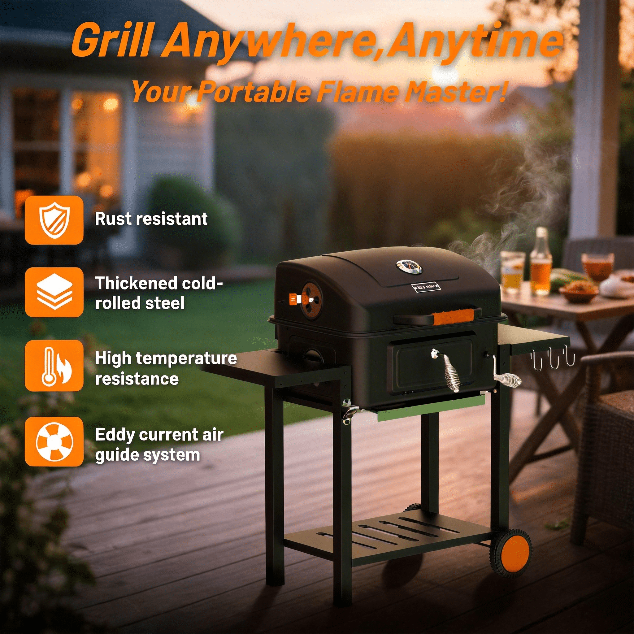 KEYO GRILL Large Charcoal Grill with Foldable Side Tables and Height-Adjustable Ash Pan (Black, 44.5 in x 36 in x 22 in) 4njvm