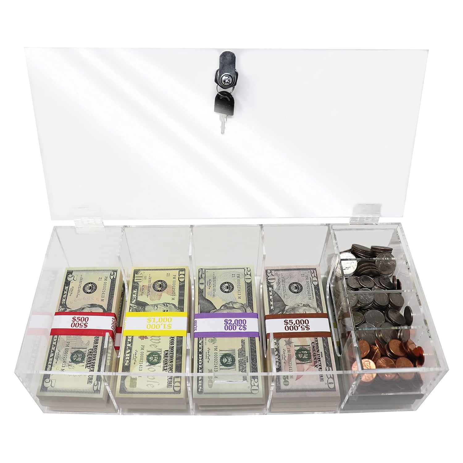Nadex 5-Compartment Currency Tray with Locking Cover and Removable Coin Insert (Clear, 15.38 in x 7 in x 4 in) qcy04 - Image 6