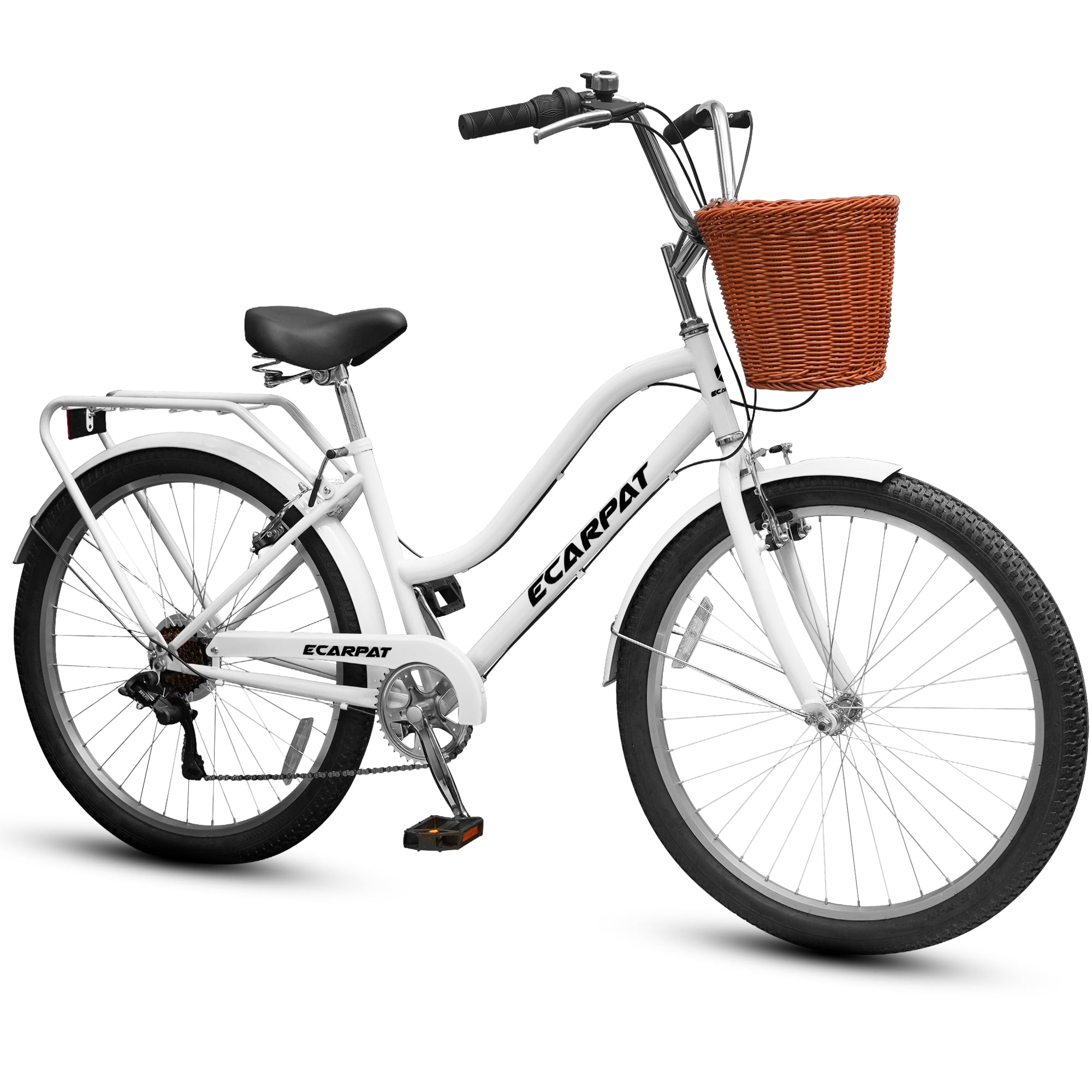 Ecarpat 26 Inch Beach Cruiser Bike for Women, 7-Speed Commuter Bicycle with Rear Rack and Basket (White, 26 in) xhzah