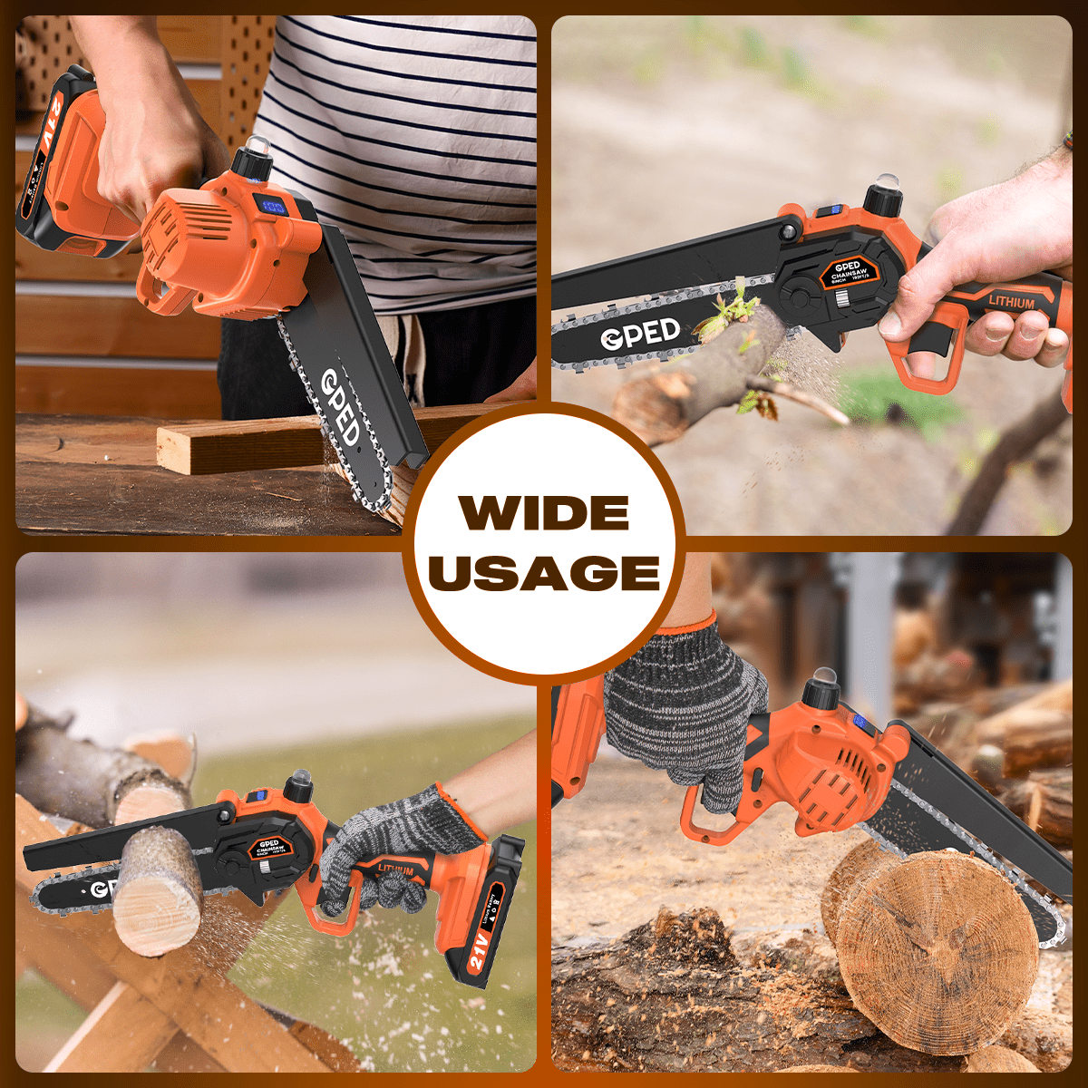 GPED Cordless Mini Chainsaw, 6-inch Electric Power Saw for Tree Trimming and Wood Cutting, Lightweight Handheld Tool with 2 Batteries (Orange, 6-inch) usdjn