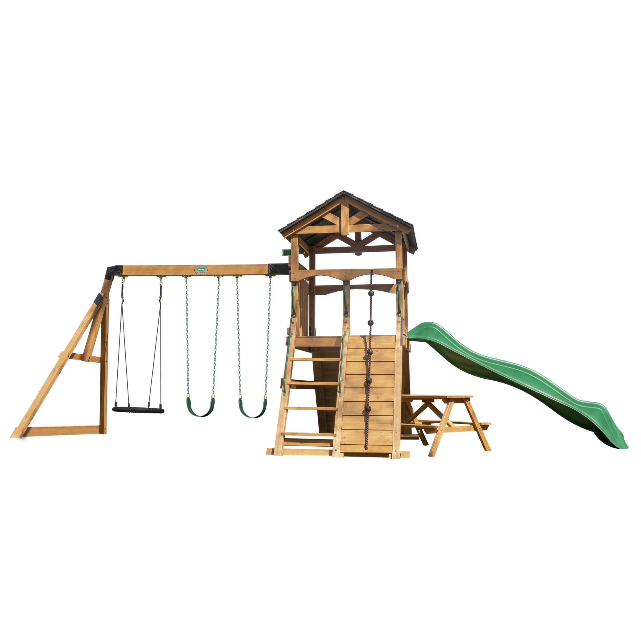 Backyard Discovery Endeavor II Cedar Wood Swing Set with Slide, Play Deck, and Double Rock Wall (Light Brown) cb9zs