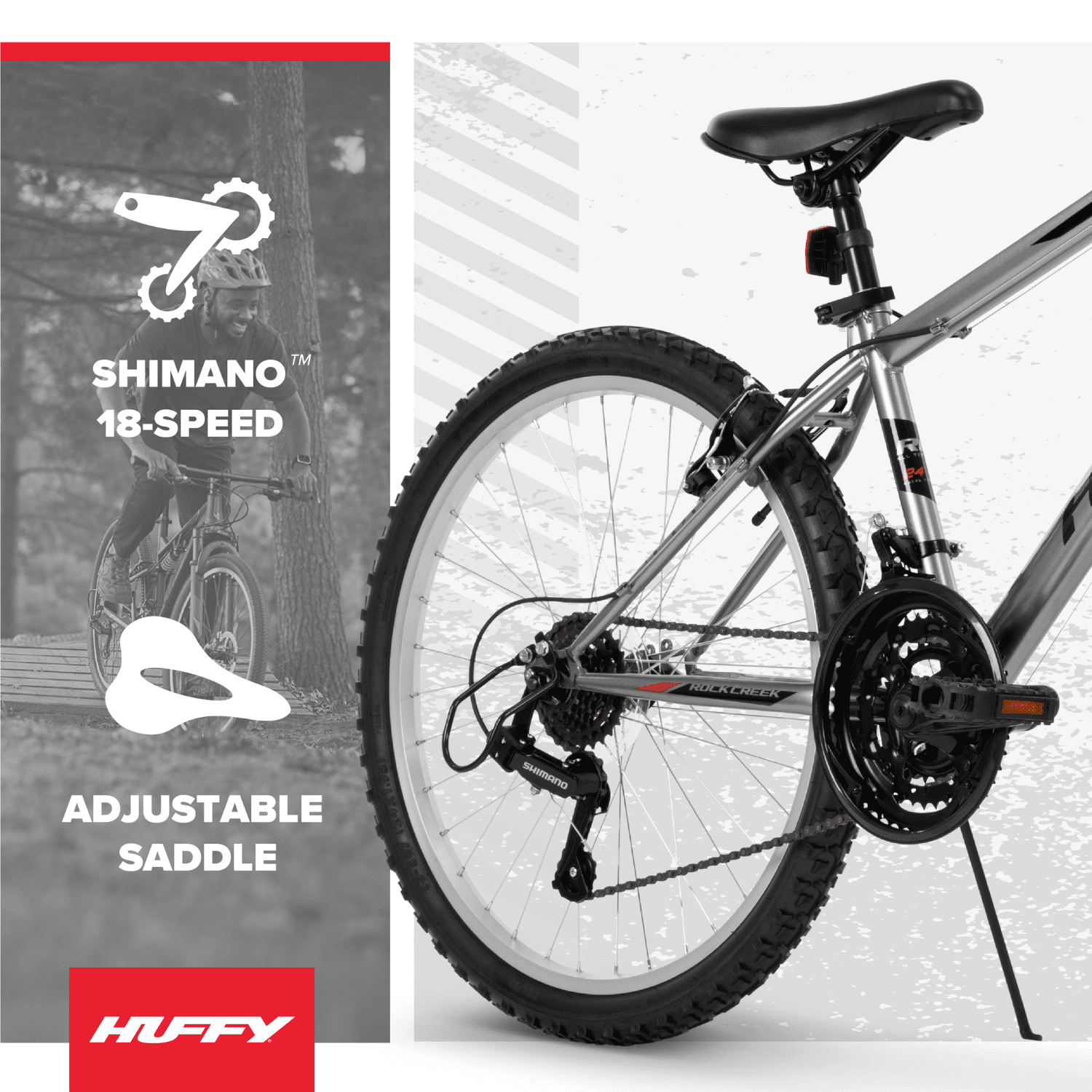 Huffy Rock Creek Mountain Bike, 18-Speed Trail Bicycle, Front Suspension, (Gray, 24 in) yie4l