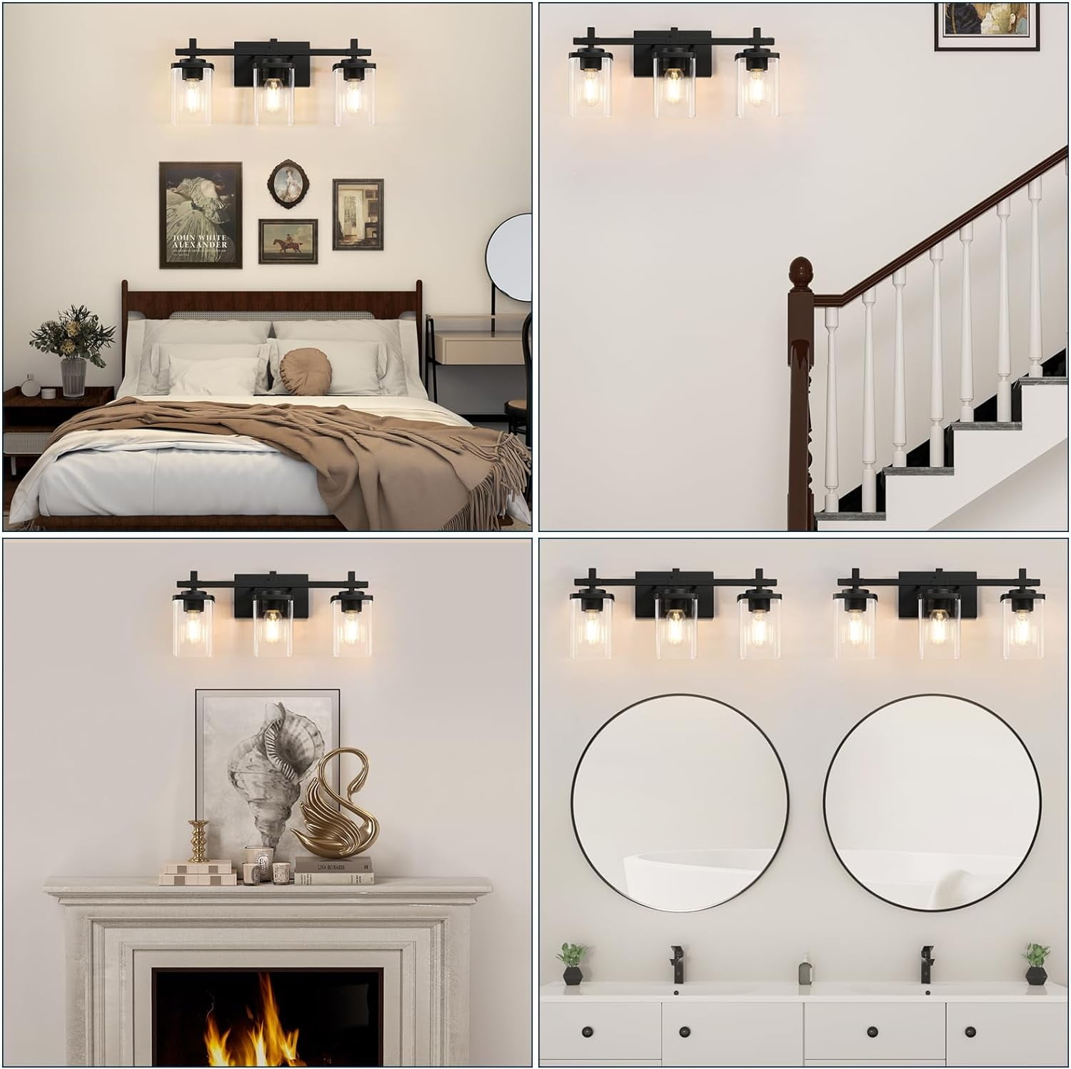 Pynsseu 24 in 3-Light Bathroom Vanity Light Fixture, Matte Black Wall Sconce with Clear Glass Shades 3t5dh