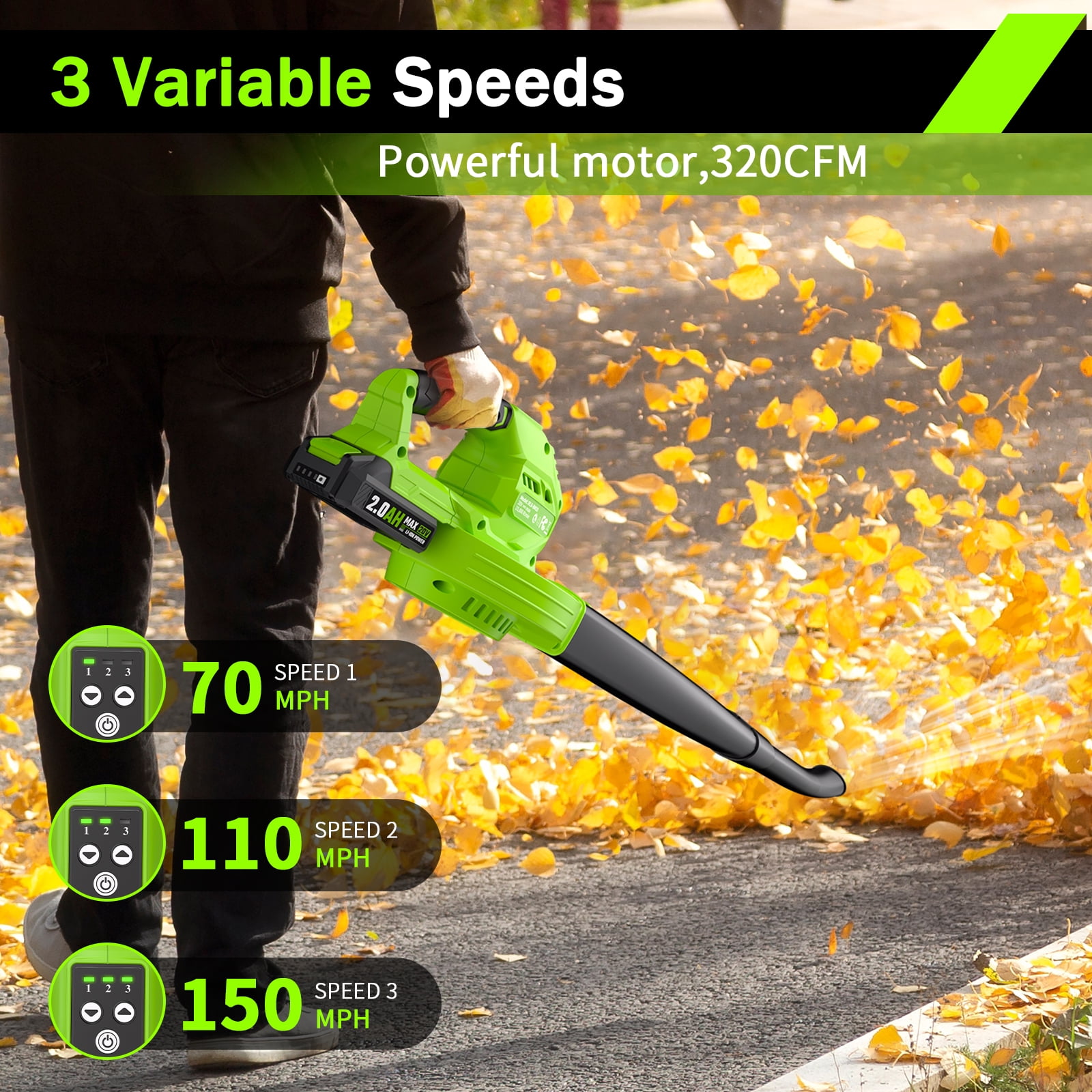 SEYVUM Cordless Leaf Blower, 20V Electric Power Sweeper with 2 Batteries and Charger (Green, 3.3 lb) 6f1w6