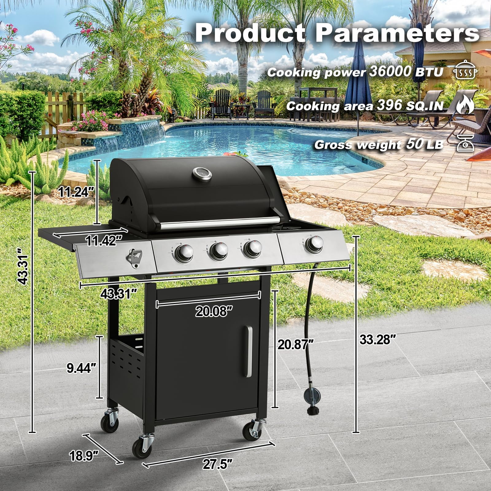 MELLCOM 3-Burner Propane Gas Grill with Side Stove and Cast Iron Grates (Black, 43.3 in x 18.9 in x 43.3 in) aifg2