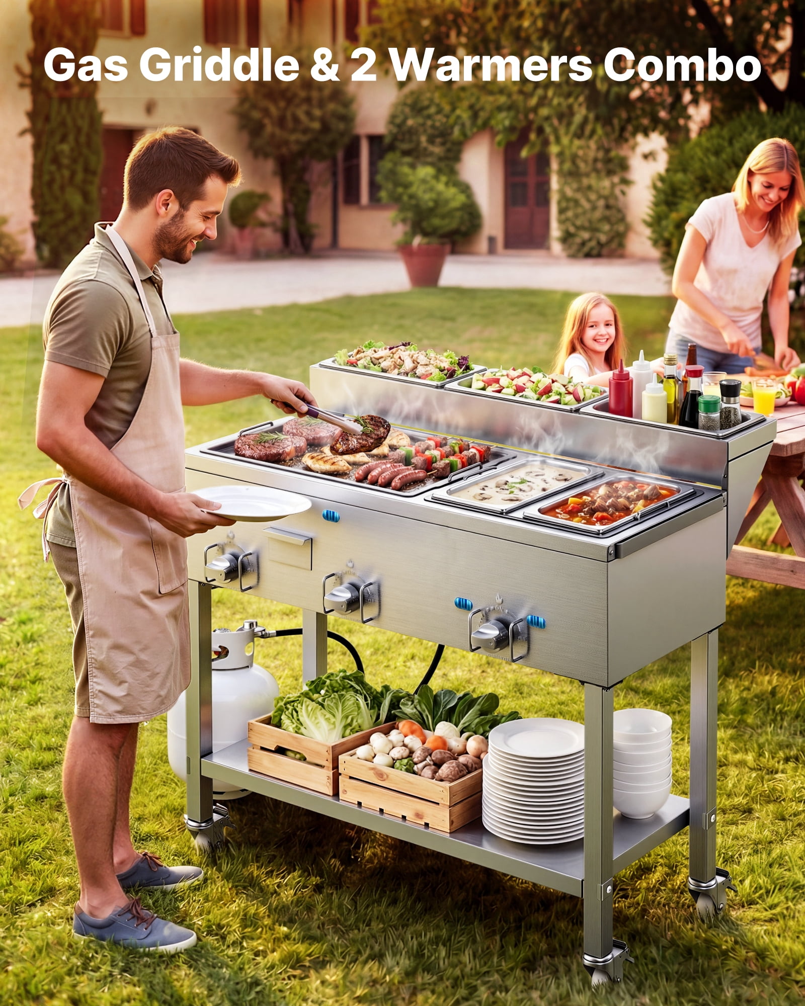 VEVOR Outdoor Propane Griddle, 3-Burner Commercial Stainless Steel Cooking Station with Warming Pans and Portable Cart (34,800 BTU) ednun