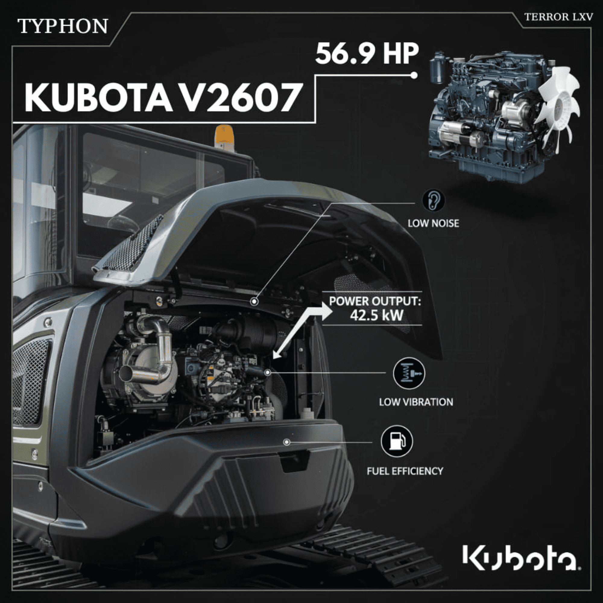 TYPHON TERROR LXV 6.6-Ton Excavator with Kubota V2607 Diesel Engine (56.9 HP, Enclosed Cab) gx0hq