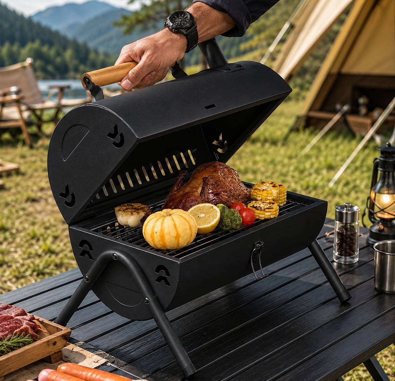 YOOKIA Portable Charcoal Grill, Foldable Outdoor BBQ for Camping and Tailgating (Black, 14 in x 10 in) gqx7s
