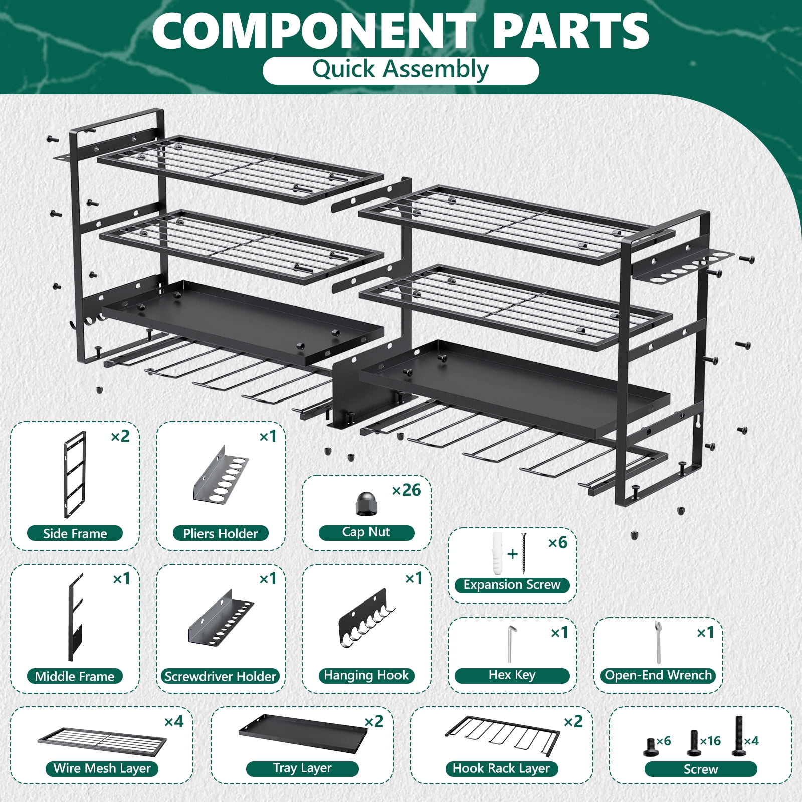HaiNova Power Tool Organizer Wall Mount, 4-Tier Heavy Duty Storage Rack with 8 Drill Holders (Black, 400 lb Capacity) 3ntlo
