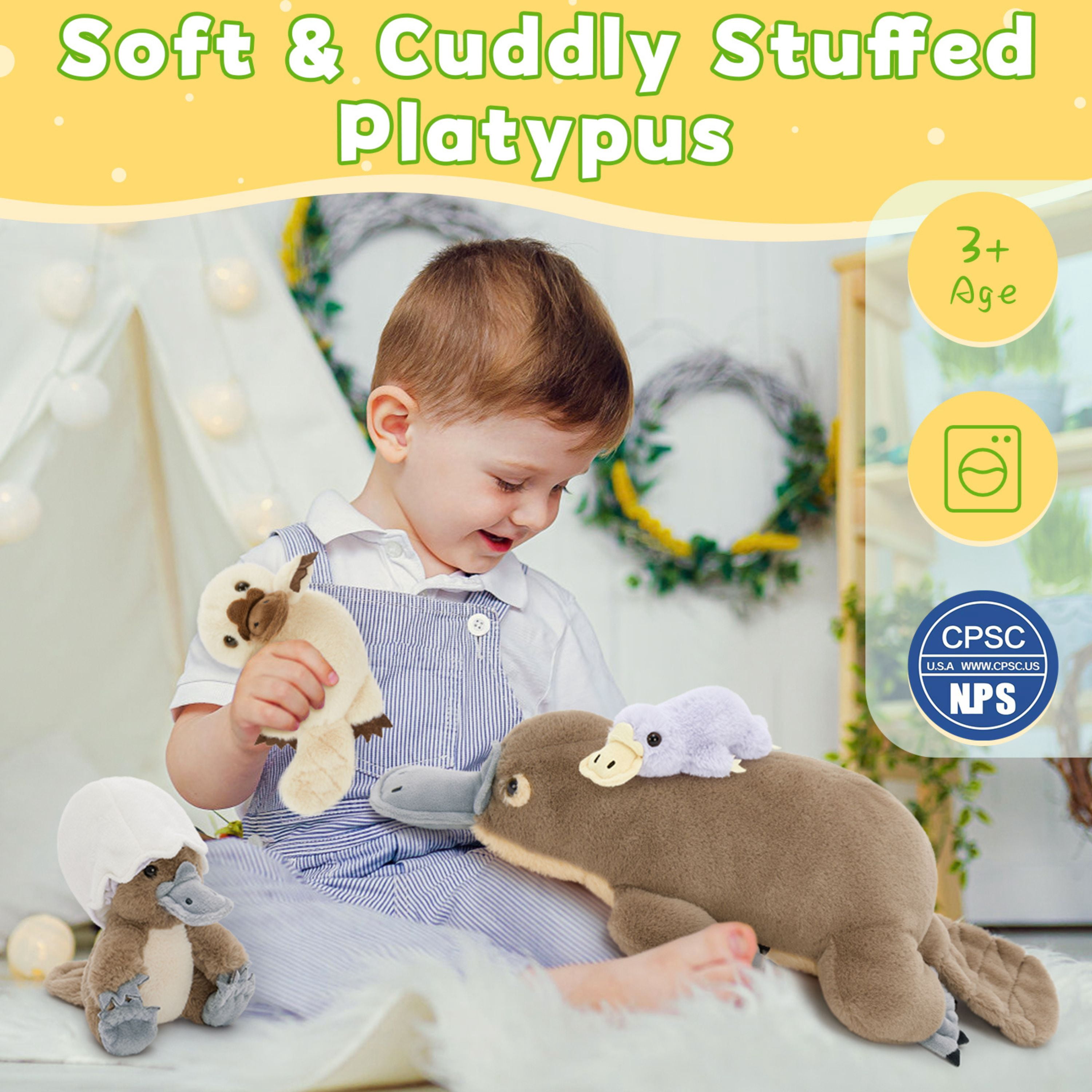 Muiteiur Giant Platypus Stuffed Animal Interactive Plush Toy Set with 3 Babies and 2 Eggshells (Grey, 21.7 in) smqme