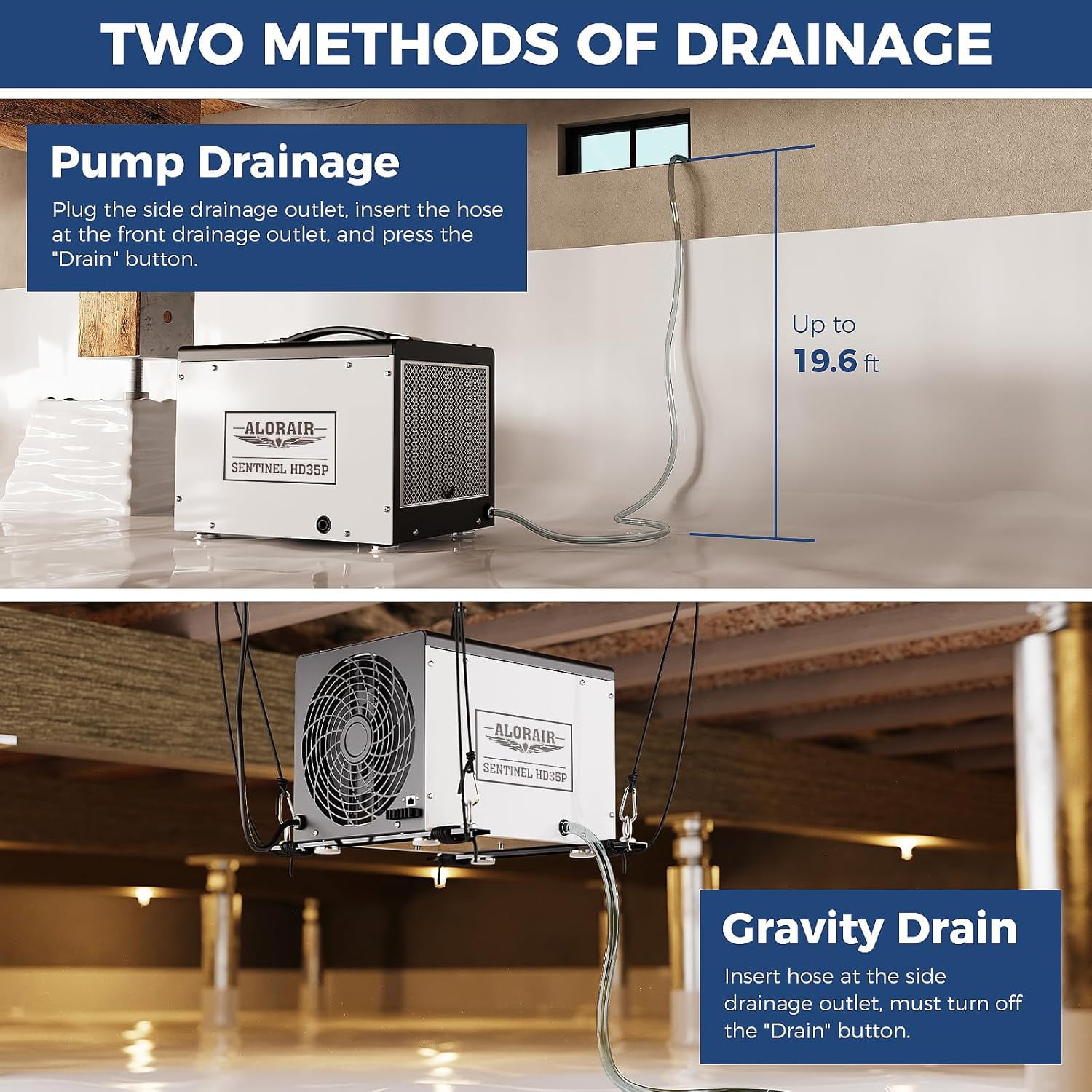 AlorAir 70 Pints Crawl Space and Basement Dehumidifier with Built-in Pump, Automatic Defrost, 1000 Sq Ft Coverage (White, 70 Pints) bpb7c