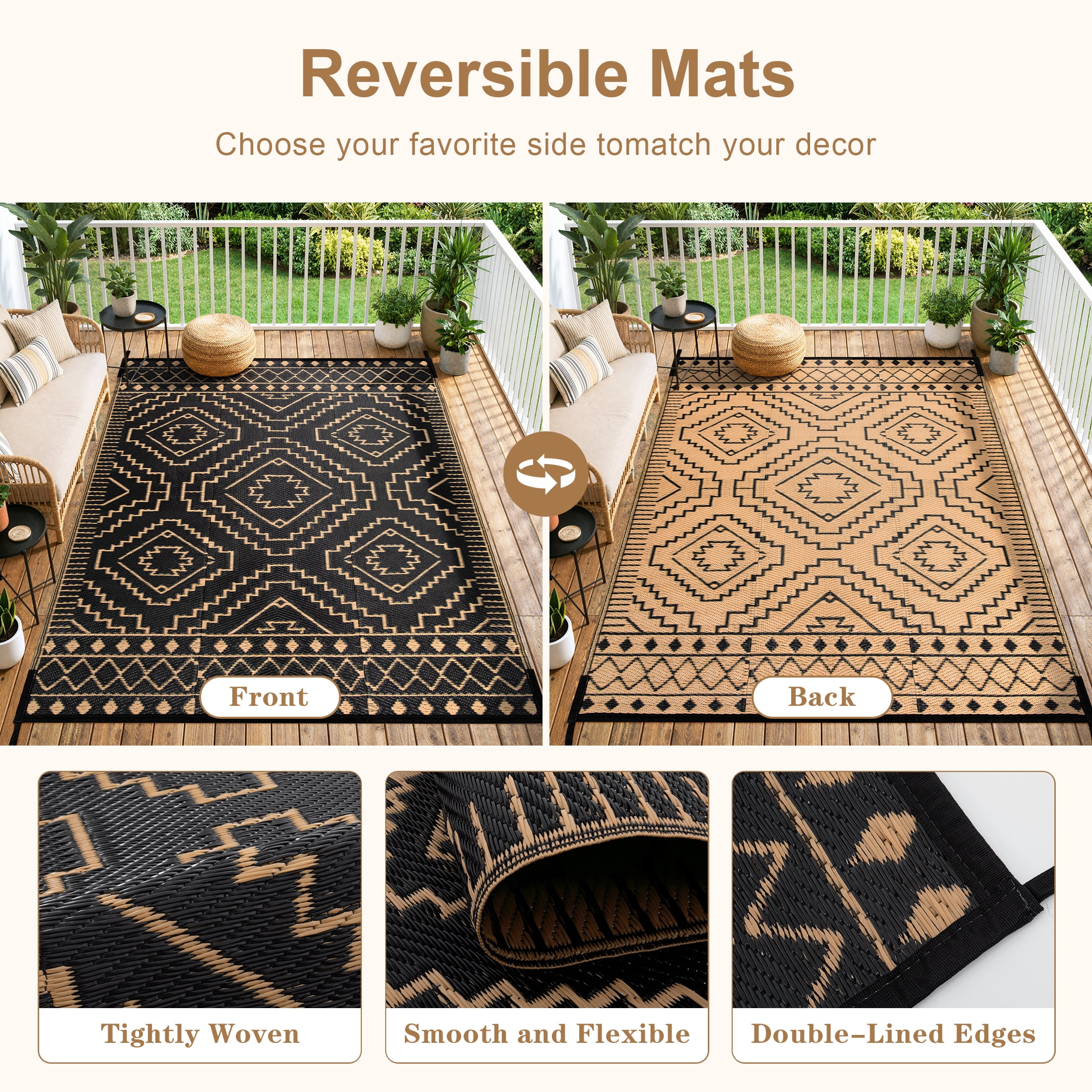 RUG ROBOT Reversible Outdoor Rug, Waterproof Plastic Straw Carpet for Patio and Backyard (Black/Brown, 5 ft x 8 ft) v6lv6