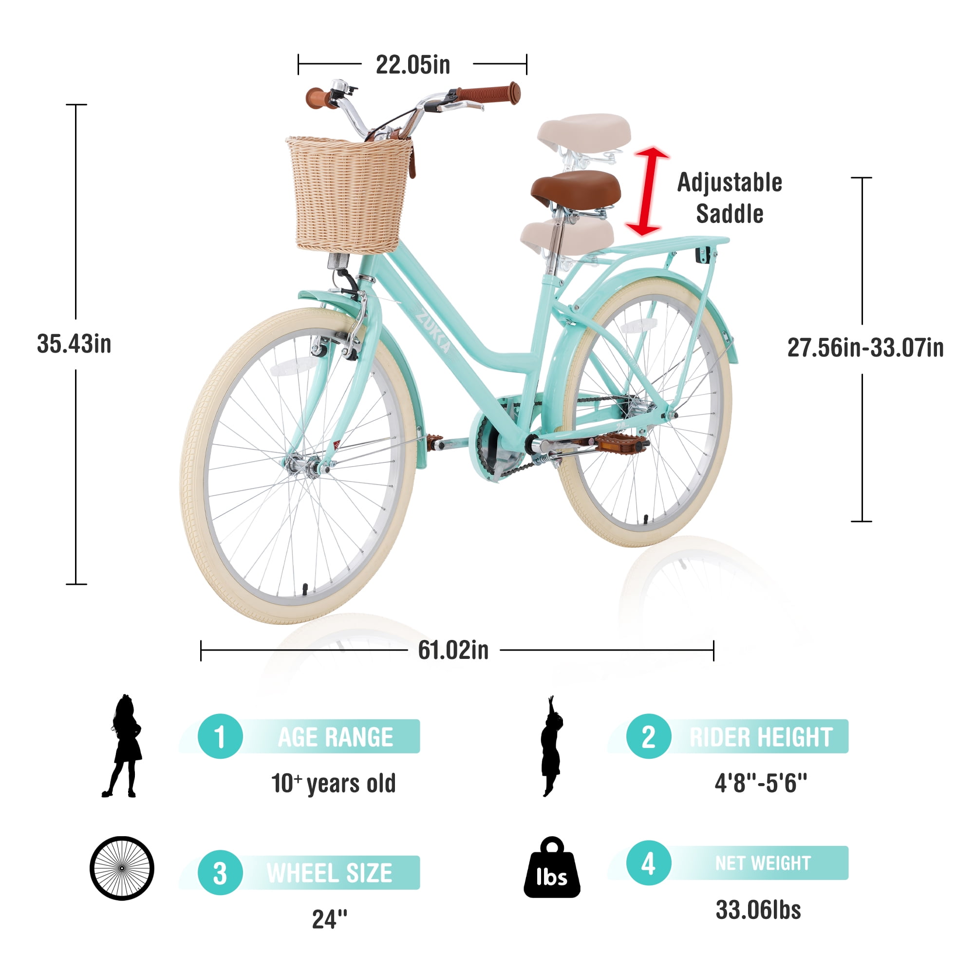 imerelez 24 in Cruiser Bike for Women, Single Speed Adult Bicycle with Large Basket (Green, 24 in) s8kqi