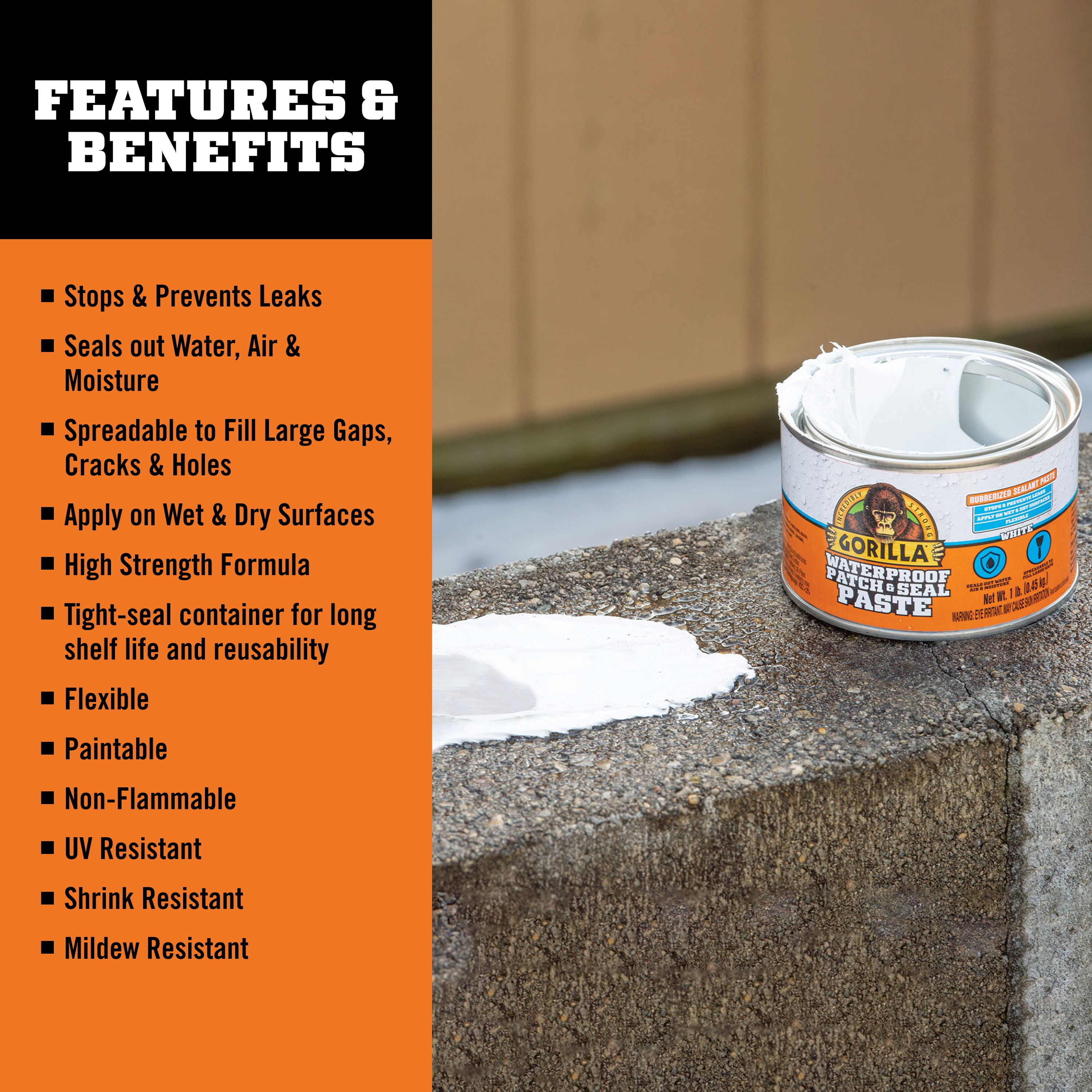 Gorilla Waterproof Patch and Seal Paste, Heavy-Duty Adhesive Sealant (White, 16 oz) ephwe