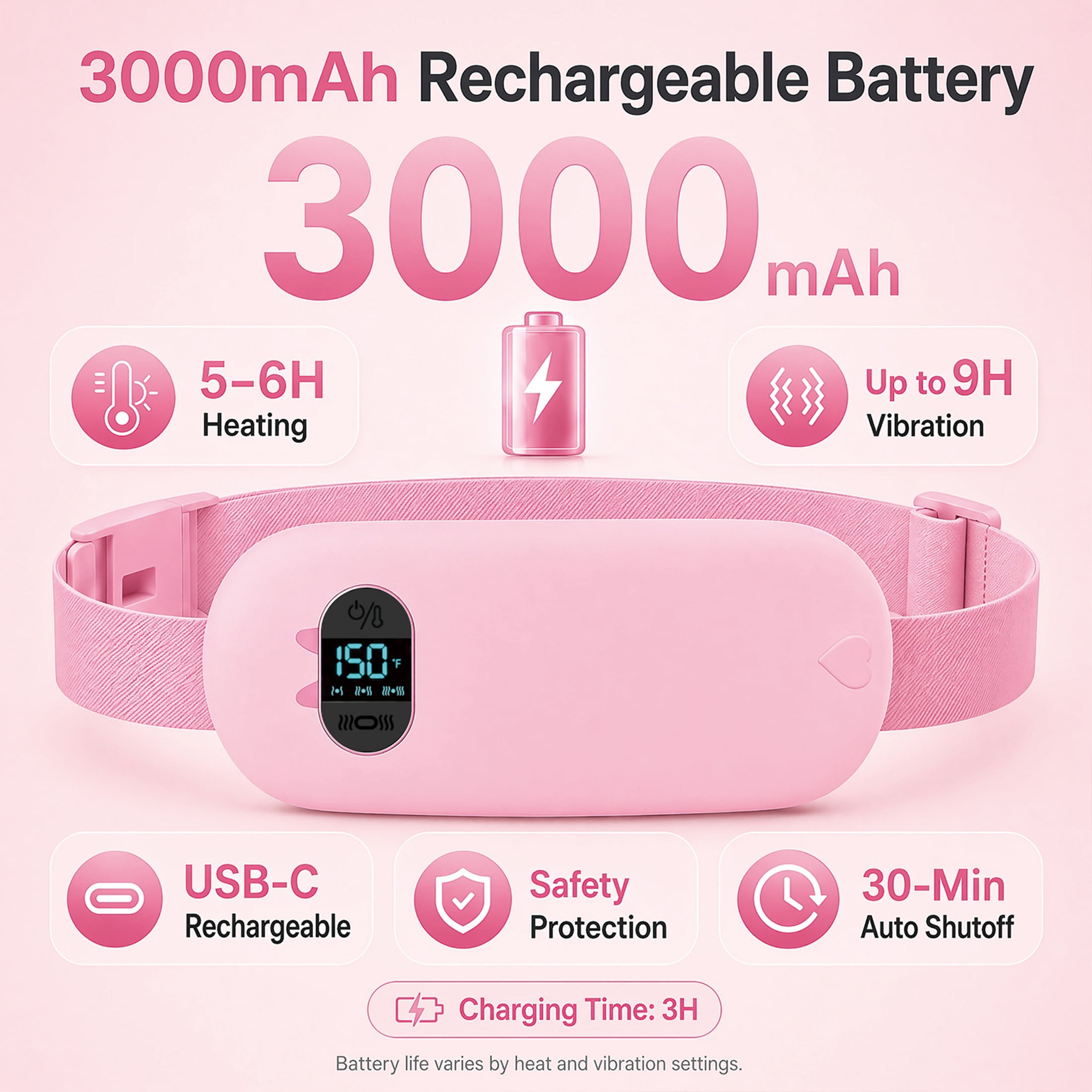 TeSabMi Cordless Heating Pad for Period Cramps, Portable Menstrual Belt with 6 Heat Levels & 6 Vibration Modes (Pink, 25.5 to 55 in) 4pgtx