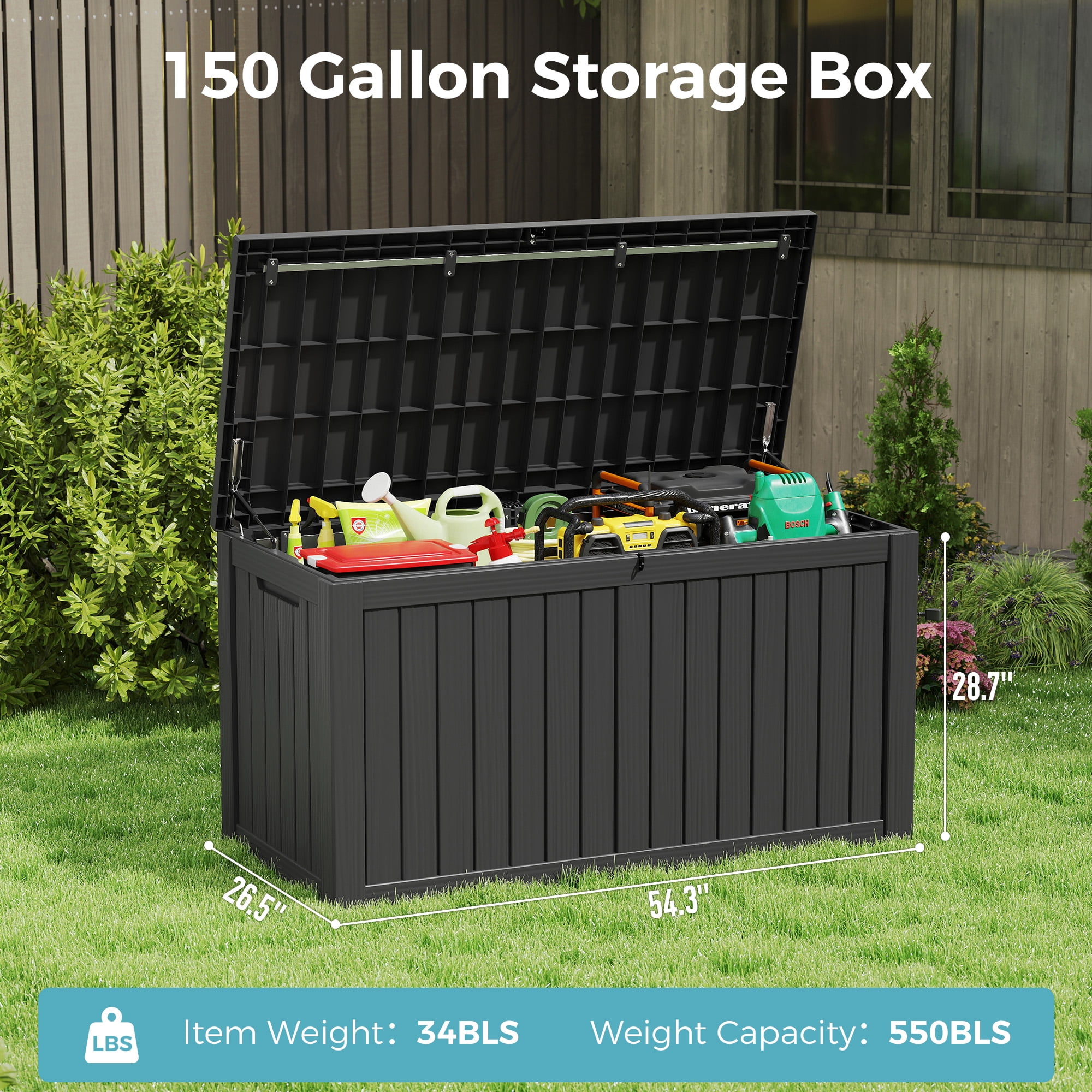 Bifanuo 150 Gallon Outdoor Storage Deck Box, Waterproof Resin Patio Organizer with Steel Beams (Black, 54.3 in x 26.5 in x 28.7 in) yh5gu