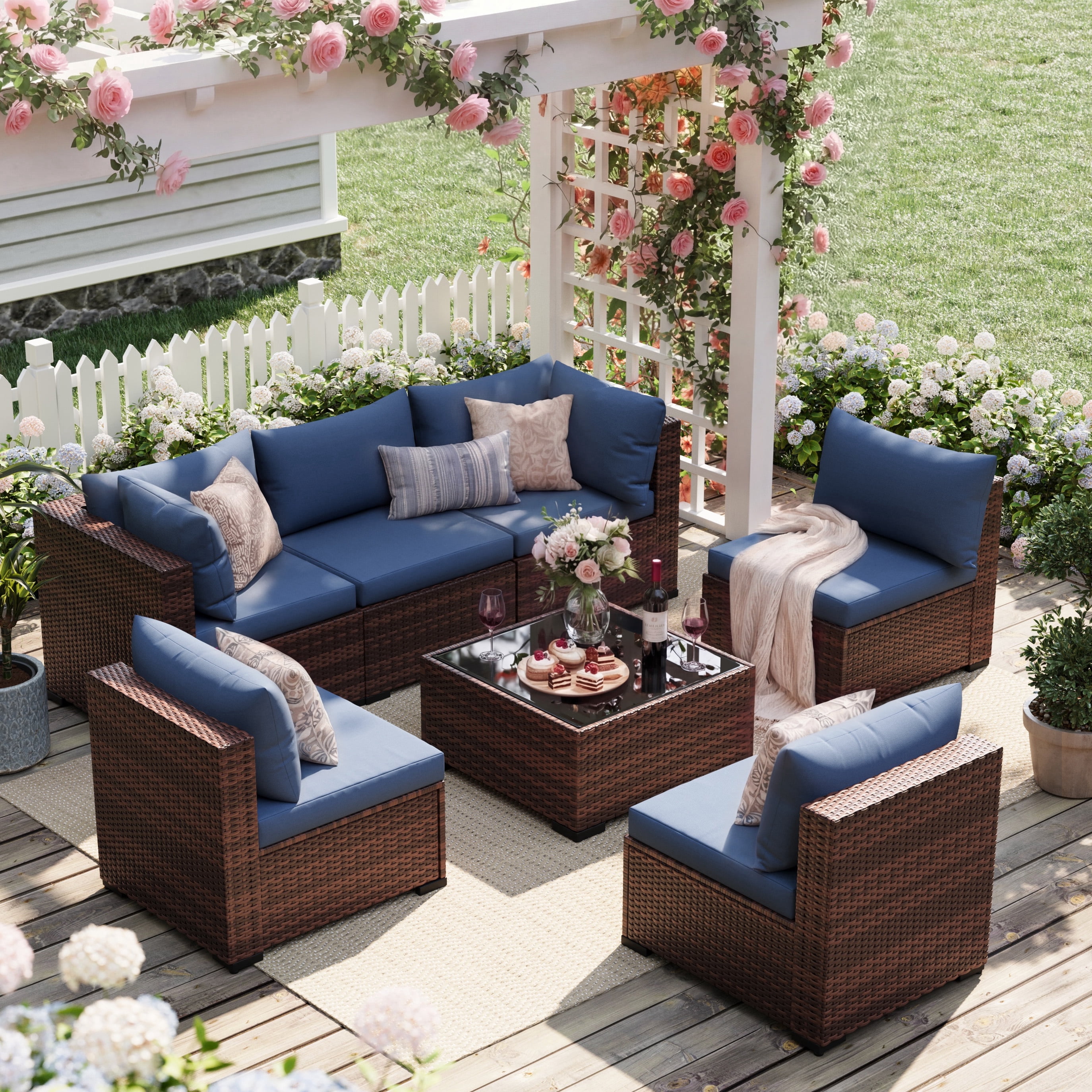 UDPATIO 7-Piece Wicker Modular Sectional Outdoor Conversation Set with Glass Coffee Table (Blue) 9nbg0