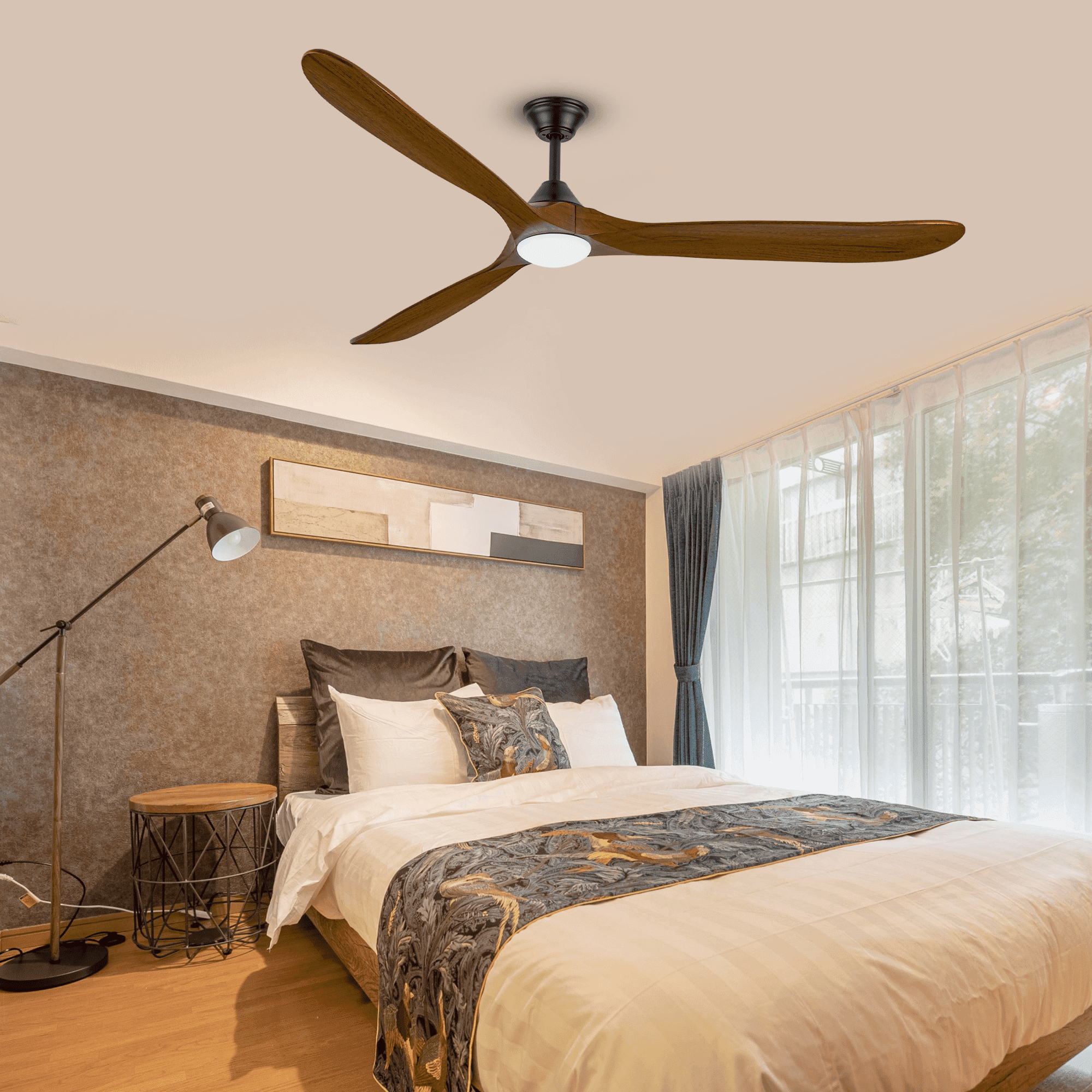 DOOZOLER 60 in Ceiling Fan with LED Light and Remote, 3 Solid Wood Blades, Dimmable Farmhouse Indoor Outdoor Fan (Brown, 60 in) 6gc4b