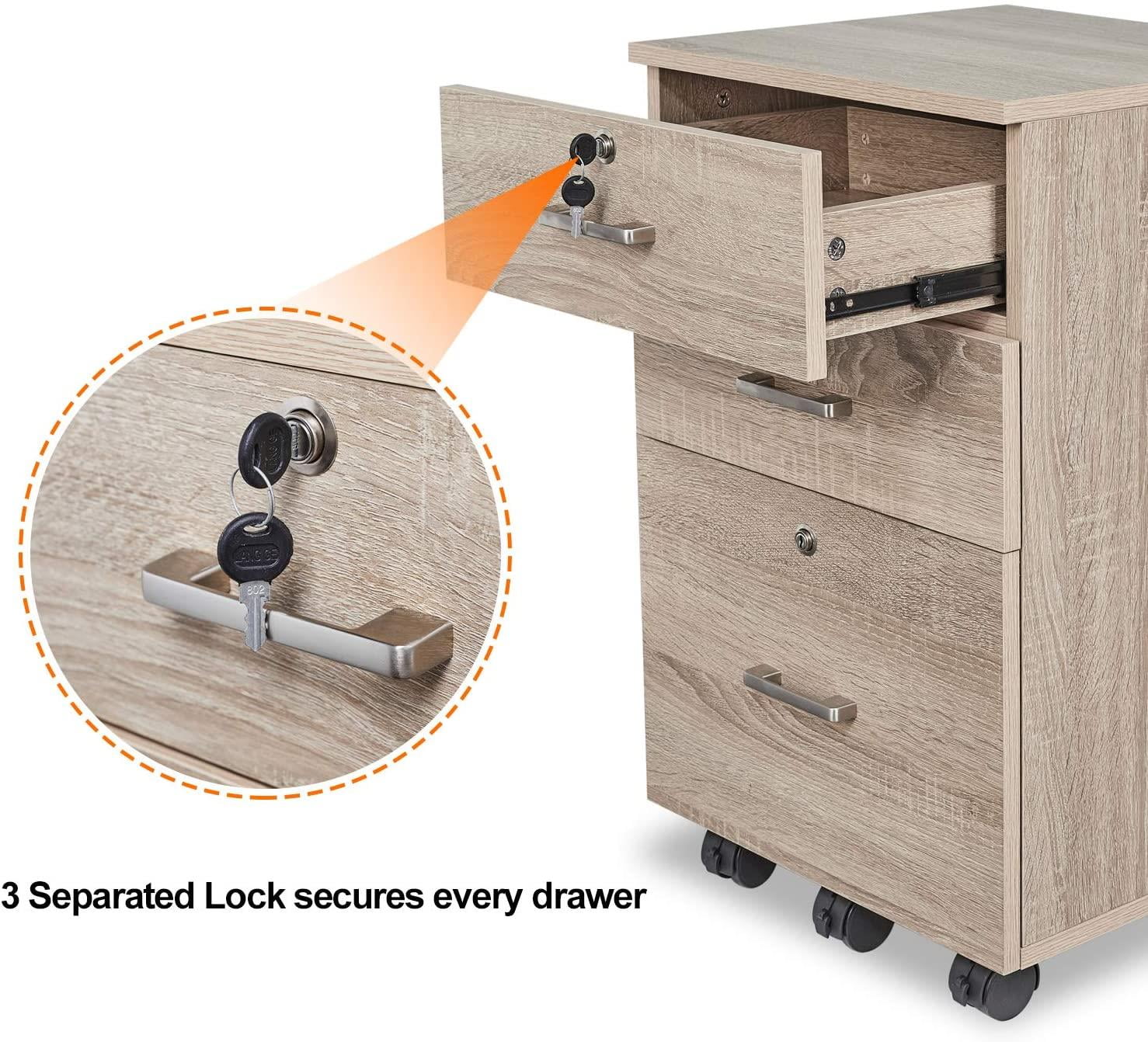 Ktaxon 3-Drawer Rolling Wood File Cabinet with Lock, Mobile Vertical Storage Organizer for Home Office (Grey, 24 in x 16 in x 26 in) gzq9z