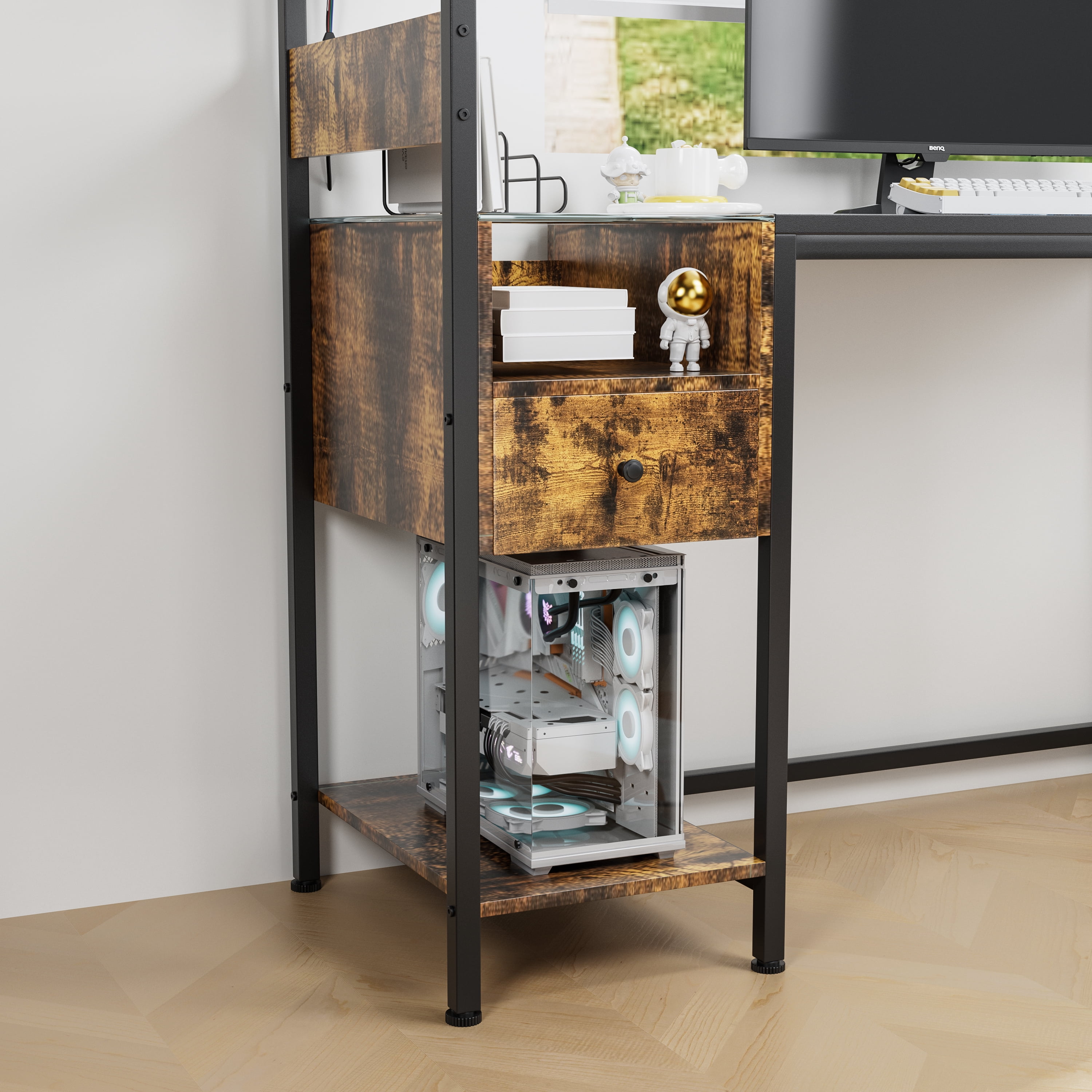 PuppyCheer Computer Desk with Power Outlet and Storage Shelves, Home Office Workstation with USB Charging Station (Brown, 48 in) on46h