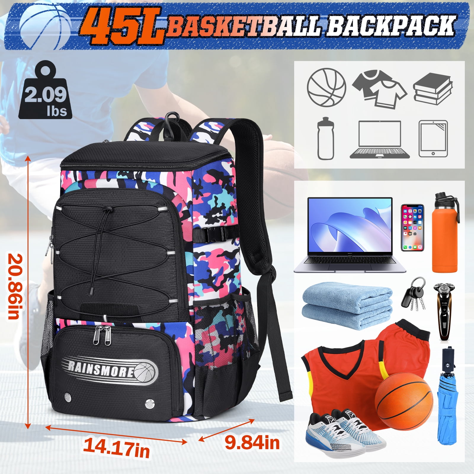 Rainsmore Basketball Backpack with Separate Ball Holder and Shoe Compartment (Pink, 14.2 in x 9.8 in x 20.9 in) 247oo