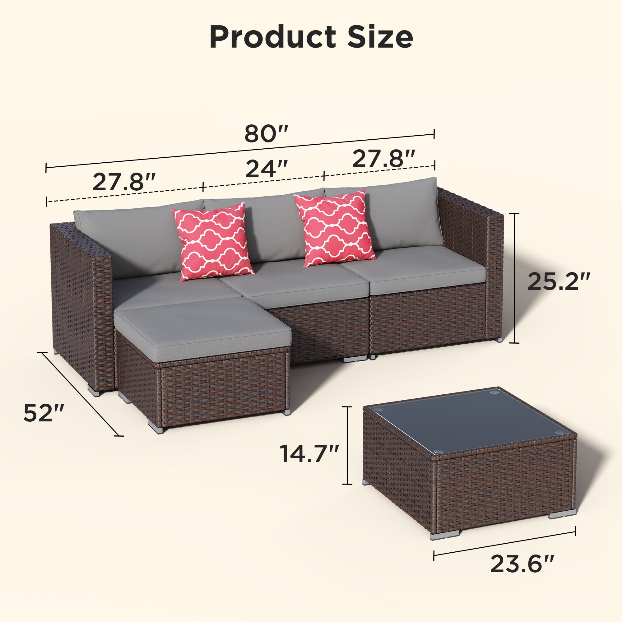 Asofer 5-Piece Outdoor Sectional Sofa Set with Glass Coffee Table and Cushions (Gray, 85 in x 52 in x 25 in) wh9kt