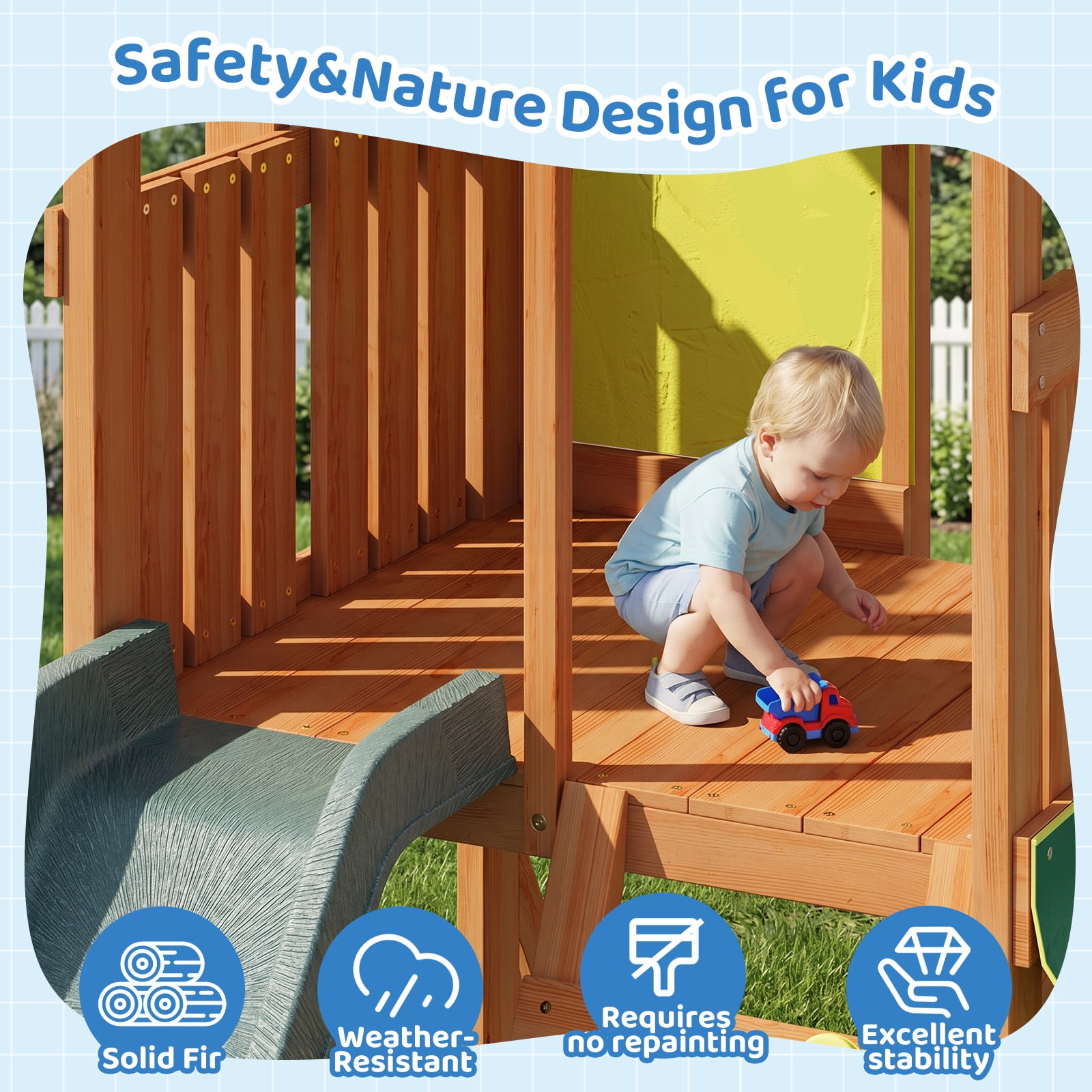 SunSwell Wooden Swing Set for Backyard with 8 ft Wave Slide, Monkey Bars, and Rock Wall (Green) rp4jk